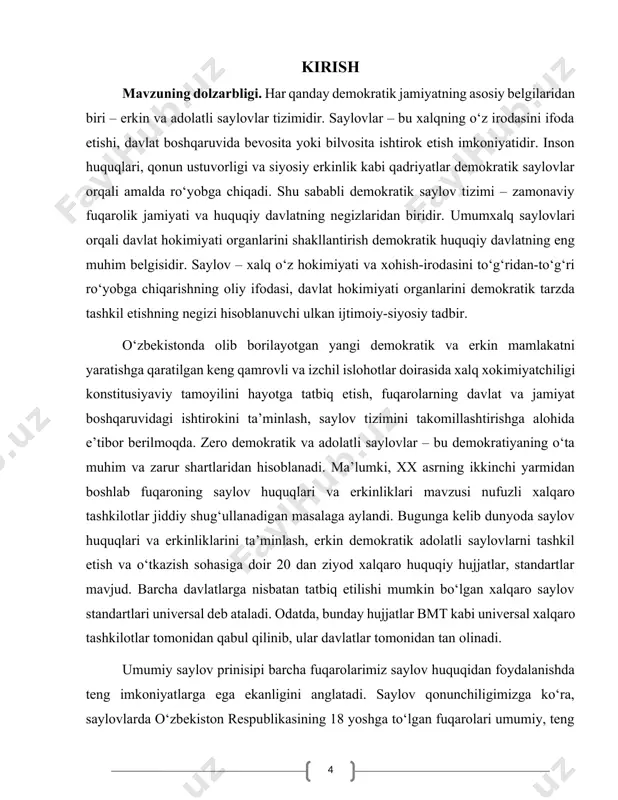 tiyali, ko‘p partiyali yoki partiyasiz; muqobillik asosida va nomuqobil (agar yagona nomzod ko‘rsatilsa); to‘g‘ri yoki ko‘p bosqichli; asosiy yoki qo‘shimcha saylov o‘tkazilishi kurs ishini maqsadi: demokratik saylov tizimining shakllanish jarayonini o‘rganish, uning asosiy tamoyillarini tahlil qilish, zamonaviy demokratik jamiyatlarda saylov tizimining tutgan o‘rni va ahamiyatini aniqlash, shuningdek, saylov jarayonining adolatli, erkin va shaffof o‘tishini ta’minlovchi omillarni yoritishdan iborat kurs ishini vazifasi: 1. demokratik saylov tizimining nazariy asoslarini o‘rganish; 2. saylov tizimining shakllanish bosqichlarini tarixiy jihatdan tahlil qilish; 3. saylov tamoyillarining mazmun-mohiyatini ochib berish; 4. turli mamlakatlar tajribasida demokratik saylov tizimining qo‘llanilishini solishtirish; 5. o‘zbekiston respublikasida saylov tizimi va uning huquqiy asoslarini tahlil qilish; 6. saylov jarayonlarining shaffofligi va adolatliligini ta’minlovchi omillarni aniqlash; 7. mavzuga oid xulosalar chiqarish va amaliy takliflar ishlab chiqish. kurs ishining ob’ekti: demokratik jamiyatlarda saylov tizimi va uning amaliyotda qanday ishlashi, saylov institutlari faoliyati hamda fuqarolarning saylov jarayonidagi ishtiroki kurs ishining predmeti: demokratik saylov tizimini shakllantirish jarayoni, …
