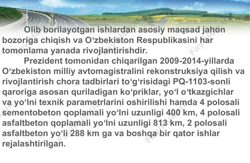 shish lozim. respublika boʻyicha mavjud ay tarmogʻining va transport oqimi harakat xavfsizligining zamonaviy holatidan kelib chiqilganda, yoʻl tarmogʻining foydalanuv holati avtomobillar harakat sharoitining qulaylik, xavfsizlik va tejamkorlik talablariga javob bermaydi. bugungi kunda avtomobil yoʻllarida qulay va xavfsiz harakat sharoitini taʼminlash uchun avvalo saqlash ishlarini qoidali tashkil qilish, yirik hajmdagi taʼmirlash va rekonstruksiya ishlarini bajarish talab etiladi. respublika boʻyicha oʻziga xos yoʻllardan foydalanish sharoitlari mavjudligi, avtomobillar xarakat sharoitining qulayligini va xavfsizligini taʼminlashda ushbu jihatlarni hisobga olish zarurligini koʻrsatadi. avtomobil yoʻllari ‑ muxandislik inshootlari kompleksi boʻlib, hisobiy yuk va belgilangan tezlikda avtomobillar harakati uzluksizligini, xavfsizligini va qulayligini taʼminlashga xizmat qiladi. yoʻlning muhandislik inshootlari kompleksiga yoʻl poyi, yoʻl toʻshamasi, koʻpriklar, quvurlar va boshqa sunʼiy inshootlar, yoʻl jixozlari va himoya qurilmalari, avtoservis, yoʻl va avtotransport bino va inshootlari kiradi. yoʻl va uning inshootlari elementlari holatini va oʻlchamlarini yoʻlning texnik va foydalanuv holatlari ifodalaydi. yoʻlning texnik holati – yoʻl va uning inshootlari doimiy (ekspluatatsiya jarayonida …
