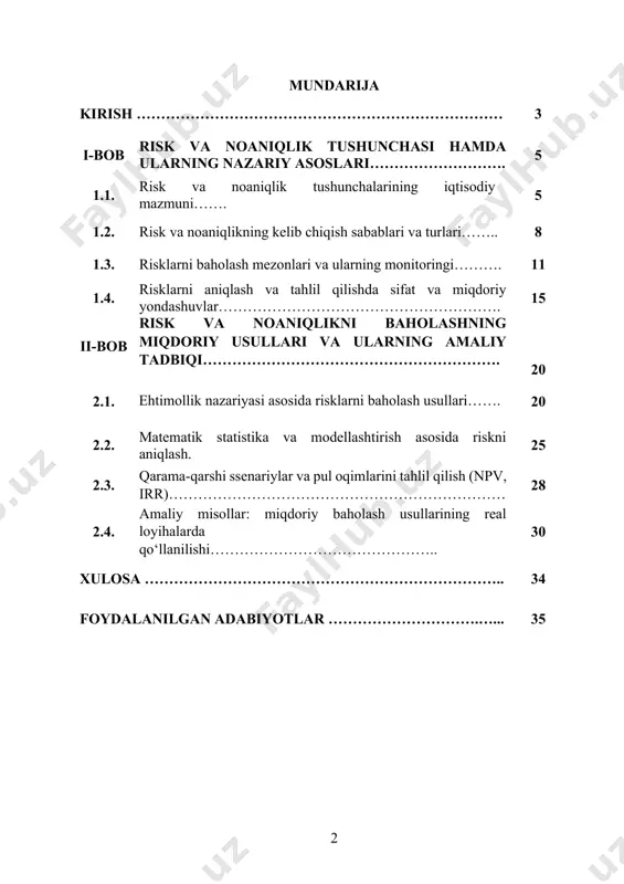ni aniqlashtirish; 2. miqdoriy baholashning asosiy usullarini (statistik, ehtimollik, modellashtirish) tahlil qilish; 3. matematik modellar, monte-karlo usuli, o‘zgaruvchanlik koeffitsienti, sezgirlik (sensitivity) tahlilini o‘rganish; 4. riskni baholashda statistik va ehtimollik asosidagi yondashuvlarni amalda qo‘llash; 5. amaliy vaziyatlar asosida risklarni hisoblash misollarini ishlab chiqish; 6. tahlil natijalarini grafik va jadval shaklida ifodalash; 7. miqdoriy usullarning boshqaruv qarorlariga ta’sirini baholash; 8. tavakkalchilikni kamaytirish strategiyalarini asoslash. kurs ishining obyekti: miqdoriy risk tahlili iqtisodiy va ishlab chiqarish faoliyatida, xususan, investitsion loyihalar, moliyaviy rejalashtirish, ishlab chiqarish jarayonlari va biznes loyihalarida yuzaga keladigan noaniqliklar va risklarni o‘z ichiga oladi. obyekt sifatida ushbu sohalarda yuzaga keluvchi real risk omillari tanlanadi. kurs ishining predmeti: risk va noaniqlikni baholashda qo‘llaniladigan miqdoriy usullar — statistik tahlil, ehtimollik nazariyasi, matematik modellashtirish, monte-karlo simulyatsiyasi, sezgirlik tahlili va boshqa iqtisodiy-matematik vositalar. kurs ishining metodologik asosi: kurs ishining metodologik bazasi sifatida iqtisodiy tahlil, matematik modellashtirish, statistik tahlil, ehtimollik nazariyasi va grafik ko‘rsatkichlar asosida ishlash yondashuvlari …