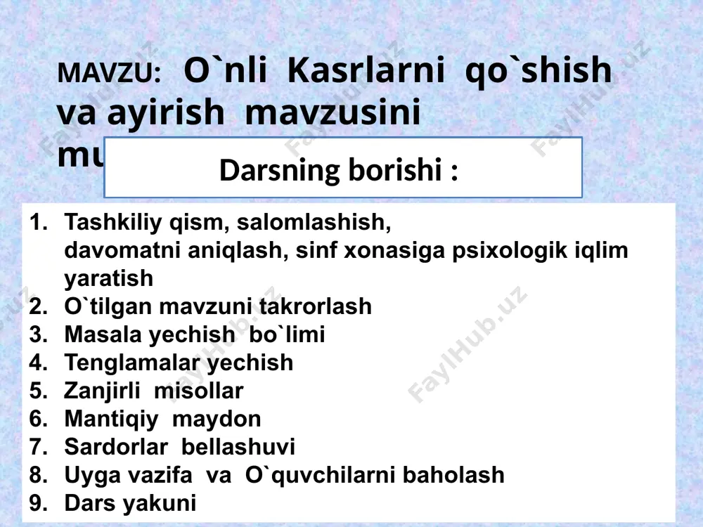 tiqiy maydon ikkala guruhga usta shogirdiga hech qanday idish, ip va yog‘ochlardan foydalanmasdan suv bilan liq| to`la bochkadagi suvning qoq yarmisini to‘kib tashlashni topshirdi. shogird nima qilishi kerak? ketma-ketlikning odingi 3 ta va keyingi 3 ta hadini toping ....; ....; ....; 13,75; 18,25; 22,75; ....; ....; ....; i. ii. ....; ....; ....; 12,43; 11,03; 9,63; ....; ....; ....; sardorlar bahsi ikkala guruh sardorlariga 2-son 1-sondan 5,18 ga kichik, 3-sondan esa 2,24 ga katta. 4-son 3-sidan 1,44 ga kichik. agar 2-son 17,91 ga teng bo‘lsa, shu to‘rttala sonning yig‘indisini toping; 1-son 2-son 3-son 4-son 17,91 17,91+5,18 =23,09 17,91-2,24 =15,67 15,671,44 =14,23 (23,09+17,91)+ (15,67+ 14,23)=41+30=71 uyga vazifa 173 -betdagi 1114 - misoldan 1121- misolgacha ishlab kelish. e`tiboringiz uchun raxmat image2.wmf oleobject1.bin image3.png image1.jpeg