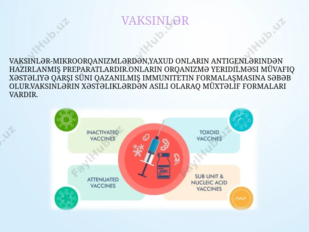 ləri və s.) ilə birləşdirmək lazımdır. belə vaksinləri istehsal etmək üçün avtomatik sintezatorlardan istifadə olunur. i̇ndiyədək bu vaksin dəniz donuzlarında,donuz və mal-qara üzərində sınaqdan keçirilmişdir.vaksin,xəstəlikdən qorusa da, onun təsirindən əmələ gəlmiş anticisim cavabı tam virionlarla immunizasiyaya nisbətən 10-100 dəfə zəif olmuşdur.göstərilən vaksin geniş praktik tətbiq tapmamışdır. anatoksinlər və ya toksoid vaksinlər bəzi vaksinlərin tərkibinə mikroorqanizmlərin əvəzinə onların xəstəlik törətməyən,lakin immun cavab induksiya etmək qabiliyyəti olan anatoksinləri daxildir.ekzotoksinlər 37°c-də 0,4% formaldehidin təsirindən 3-4 həftə müddətində toksikliyini itirir,lakin spesifik antigenliyini saxlayaraq anatoksinə(toksoidə) çevrilir.alınmış anatoksin fiziki və kimyəvi üsullarla əlavə maddələrdən təmizlənir və konsentrasiyalaşdırılır.i̇mmunogenliyini artırmaq üçün anatoksinə adyuvantlar,yaxud sorbentlər əlavə edilir. anatoksinlərin təsirindən orqanizmdə antibakterial immunitet deyil,antitoksik immunitet formalaşır.elə buna görə də,orqanizmdə müvafiq mikrobların saxlanmasına,çoxalmasına,yayılmasına mane olmurlar. geniş istifadə olunan toksoid vaksinlər 1.corynobacterium diphteriae vaksini-anatoksindən(formaldehid təsirindən toksikliyi neytrallaşmış ekzotoksindən)ibarətdir.difteriya əleyhinə immunizasiya 3 aylıqdan başlayaraq bütün uşaqlar üçün göstərişdir. 2.clostridium tetani vaksini-tetanus toksoididir,bütün insanlara 3 aylıqdan etibarən difteriya və göyöskürək vaksinləri ilə kombinasiyada və …