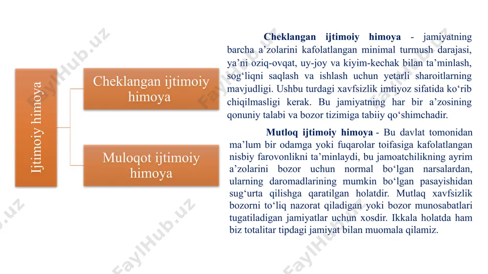 riladi. shunday qilib, oilaviy imtiyozlar va sog‘liqni saqlashni moliyalashtirish davlat byudjeti, boshqa ijtimoiy imtiyozlar - xodimlar va ish beruvchilarning sug‘urta badallari hisobidan amalga oshiriladi. ushbu model qit’adan farqli o‘laroq, ushbu tizimda etakchi rol o‘ynaydigan juda kam ijtimoiy nafaqalar va ijtimoiy yordamga ega bo‘lgan ijtimoiy sug‘urtani o‘z ichiga oladi. skandinaviyada ijtimoiy himoya modeli - daniya, shvetsiya va finlyandiya uchun harakterli. undagi ijtimoiy himoyada fuqaroning qonuniy huquqi tushuniladi. skandinaviya modelining o‘ziga xos xususiyati jamiyatning qo‘llab-quvvatlashini talab qiladigan turli xil ijtimoiy xavf-xatarlar va hayotiy vaziyatlarni keng qamrab olishidir. ijtimoiy xizmatlar va to‘lovlarni qabul qilish, qoida tariqasida, mamlakatning barcha aholisi uchun kafolatlanadi va ish bilan ta’minlash va sug‘urta badallarini to‘lash shart emas. umuman olganda, ushbu model tomonidan taklif qilinadigan ijtimoiy ta’minot darajasi juda yuqori. eng kamida, bunga daromadlarni tenglashtirishga yo‘naltirilgan faol qayta taqsimlash siyosati orqali erishiladi. ushbu model ishlashining zaruriy sharti bu institutsional farovonlik jamiyati tamoyillariga rioya qilish asosida qurilgan yuqori uyushgan jamiyatdir. ushbu …