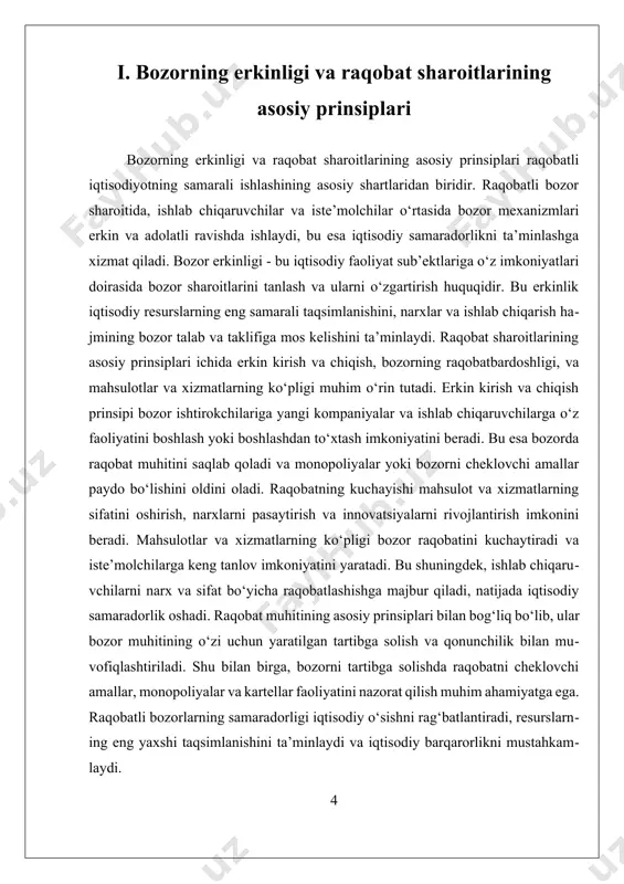 lish muhimdir. bu esa iqtisodiy rivojlanishni, innovatsiyalarni va aholining farovonligini ta’minlash uchun asosiy omil bo‘lib xizmat qiladi. bozorning erkinligi va raqobat sharoitlarining asosi bo‘lgan bu prinsiplarga amal qilish, iqtisodiy tizimning barqaror va samarali ishlashining kafolati hisoblanadi. ii. raqobatli bozorlarning samaradorligini oshirish usullari va amaliyoti raqobatli bozorlarning samaradorligini oshirish usullari va amaliyoti iqtisodiy rivojlanishning muhim omilidir. raqobat sharoitida bozorlar resurslarni eng samarali tarzda taqsimlash, mahsulot va xizmatlarning sifatini oshirish hamda narxlarni raqobatbardosh qilish imkoniyatiga ega bo‘ladi. bu jarayonlar iqtisodiyotda erkin raqobat muhitini yaratish va uni saqlash bilan bog‘liq bo‘lib, ular orqali bozor samaradorligi oshirilib, iqtisodiy o‘sishga turtki bo‘lishi mumkin. birinchidan, bozor erkinligini ta'minlash muhimdir. bu erda davlatning aralashuvi minimal bo‘lib, raqobatni cheklovchi va monopoliyalarga yo‘l qo‘ymaydigan tartibga solish choralari amalga oshiriladi. bozor erkinligini ta'minlash uchun monopoliyalar va raqobatni cheklovchi amallarni oldini olish, me’yoriy hujjatlarni takomillashtirish va raqobat muhitini nazorat qilish muhim ahamiyatga ega. bunday choralar bozorning tabiiy ravishda raqobatga asoslangan ishlashini …