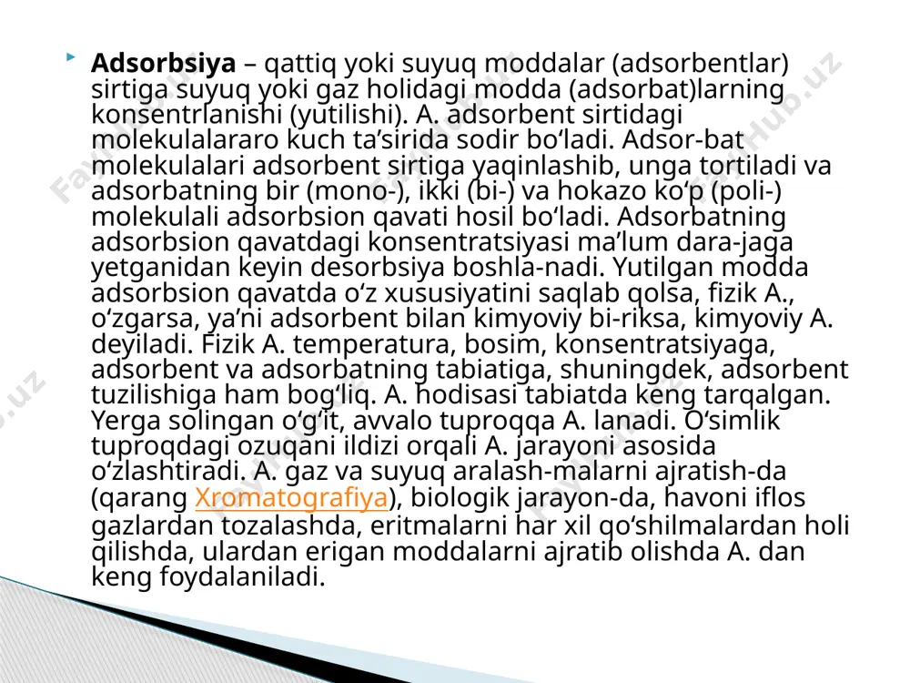 yutgan gazni ajratib olish va absorbentni regeneratsiya qilishda qo‘llaniladi.[1] adsorbsiya kimyoviy turning zarrachalar yuzasiga yopishishi sifatida tavsiflanadi. germaniyalik fizikshunos heinrich kayser 1881 yilda "adsorbsiya" atamasini yaratdi. adsorbsiya absorbsiyadan boshqa jarayon bo'lib, u moddalar suyuqlikka yoki qattiq eritma hosil qilish uchun tarqaladi . odatda, adsorbanlarning adsorbsiyani engillashtiradigan yuqori sirt maydoni bo'lishi uchun kichik gözenek çapları bo'ladi. teshikning hajmi odatda 0,25 dan 5 mm gacha o'zgarib turadi. sanoat adsorbentlari yuqori termal stabiliteye va aşınmaya qarshi chidamliligiga ega. amalga qarab sirt hidrofobik yoki hidrofilik bo'lishi mumkin. ikkala kutuplu va nonpolar adsorbanlar mavjud. adsorbentlar ko'plab shakllarda, jumladan, rodlar, granulalar va kalıplanmış shakllarda bo'ladi. sanoat adsorbentlarning uchta asosiy klassi mavjud: uglerodga asoslangan birikmalar (masalan, grafit, faollashtirilgan ko'mir) kislorodga asoslangan birikmalar (masalan, zeolitlar, silika) polimer-asosli birikmalar adsorbanlarning xususiyatlari adsorbsiyadan foydalanish adsorbsiya jarayonining ko'plab ilovalari mavjud, jumladan: konditsionerlar uchun suvni sovitish uchun adsorbsion ishlatiladi. faollashgan ko'mir akvarium filtratsiyasi va suvni filtrlash uchun ishlatiladi. silika jeli elektr toki …