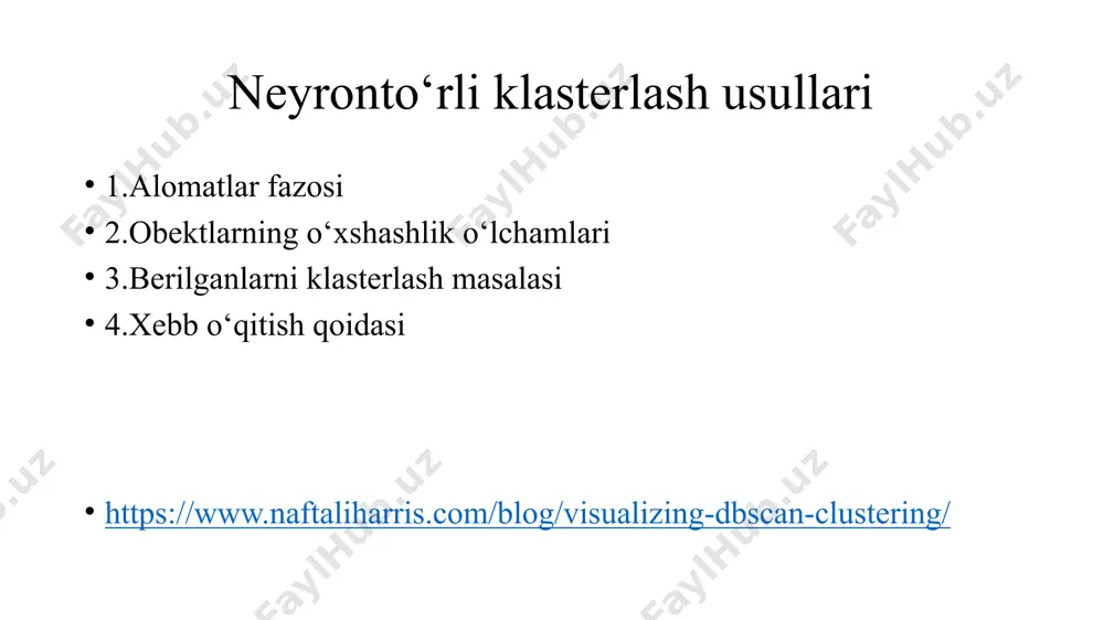 ish yoki interaktiv ko'p maqsadli optimallashtirishning iterativ jarayonidir. natija kerakli xususiyatlarga erishguncha ko'pincha ma'lumotlarni qayta ishlash va model parametrlarini o'zgartirish kerak bo'ladi. neyronto‘rli klasterlash usullari obektlarning o’xshashlik o’lchamlari: klasterdagi elementlar orasidagi eng qisqa masofa klasterdagi elementlar orasidagi eng uzoq masofa klasterdagi elementlar orasidagi o’rtacha masofa neyronto‘rli klasterlash usullari neyronto‘rli klasterlash usullari iearxik klasterlash: har bir elementni bitta klasterga birlashtiriladi. ya’ni n ta element bo’lsa n ta klaster bo’ladi. o’xshash klasterlarni birlashtiriladi yagona klaster xosil bo’lguncha davom etiladi. neyronto‘rli klasterlash usullari neyronto‘rli klasterlash usullari neyronto‘rli klasterlash usullari neyronto‘rli klasterlash usullari neyronto‘rli klasterlash usullari neyronto‘rli klasterlash usullari neyronto‘rli klasterlash usullari neyronto‘rli klasterlash usullari neyronto‘rli klasterlash usullari neyronto‘rli klasterlash usullari neyronto‘rli klasterlash usullari neyronto‘rli klasterlash usullari neyronto‘rli klasterlash usullari neyronto‘rli klasterlash usullari neyronto‘rli klasterlash usullari neyronto‘rli klasterlash usullari neyronto‘rli klasterlash usullari neyronto‘rli klasterlash usullari neyronto‘rli klasterlash usullari neyronto‘rli klasterlash usullari neyronto‘rli klasterlash usullari
