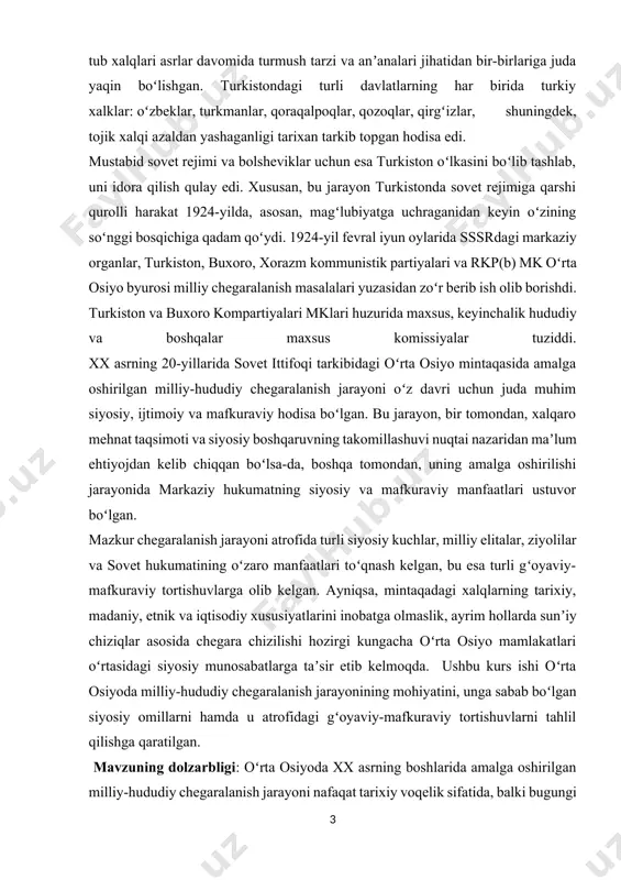 ilgani, qanday siyosiy va mafkuraviy pozitsiyalar to‘qnash kelgani va bu holatlarning hozirgi zamonaviy siyosiy munosabatlarga qanday taʼsiri bo‘layotgani chuqur ilmiy tahlilni talab etadi. ayniqsa, bugungi kunda oʻzbekiston, tojikiston, qirgʻiziston va turkmaniston kabi davlatlar oʻrtasida chegaraviy masalalarning hal etilishi yoʻlida olib borilayotgan muzokaralar va baʼzan yuzaga kelayotgan keskinliklar, aynan 1920–30-yillarda amalga oshirilgan chegaralanish jarayoni natijasi ekanligini ko‘rsatadi. bu esa mavzuning bugungi kun uchun ham tarixiy, ham geosiyosiy ahamiyatini belgilaydi. mavzuni chuqur o‘rganish orqali oʻrta osiyo mintaqasida milliy identitetlar shakllanishi, xalqaro munosabatlar rivojlanishi, va hozirgi integratsion jarayonlarning tarixiy ildizlarini anglash imkoniyati tug‘iladi. shu sababli, mazkur mavzuni tadqiq etish nafaqat ilmiy, balki amaliy ahamiyatga ham egadir. mavzuning o‘rganilganlik darajasi oʻrta osiyoda milliy-hududiy chegaralanish masalasi xx asrning 20–30-yillaridan boshlab ilmiy doiralarda doimiy qiziqish uygʻotgan. bu mavzuni yoritishda sovet tarixshunosligida, ayniqsa, kpssning siyosiy yoʻnalishlari va markaziy osiyodagi “millatlar doʻstligi” siyosati nuqtai nazaridan yondashuvlar ustunlik qilgan. bunda chegaralanish jarayoni sovet mafkurasi bilan asoslab berilgan va real …