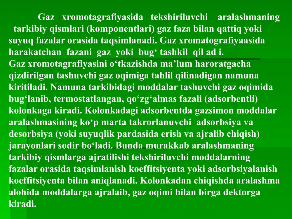 dsorbatlar (yutiluvchi gazlar) xossalarining (diffuziya koeffitsiyenti) hamda adsorbent-adsorbat sistemalar xususiyatlarini (adsorbsiya issiqligi va izotermasi), moddalarning boshqa xossalarini, reaksiyalar kinetikasini va boshqalarni aniqlashda keng qo‘llaniladi. gaz xromatografiyasidan ko‘p komponentli murakkab aralashmalarini tahlil qilishda, mikroqo’shimchalarini aniqlashda, uchuvchan bo‘lmagan birikma (polimerlar) tahlilida element tahlili va boshqalarda ham foydaniladi. kapillyar xromatografiyaa usulida juda nozik aralashmalarni ham tarkibiy qismlarga ajratish mumkin. masalan, kapillyar xromatografiyaa usuli vositasida 15-20 birikmadan tashkil toptan izomer uglevodorodlar aralashmasini bir necha minutda tarkibiy qimslarga ajratish va miqdoriy aniqlash mumkin. kapillyar xromatografiyaaning afzalliklaridan yana biri jarayonni amalga oshirish uchun gazdan juda oz hajmda zarur bo‘lishidir. neftning fraksiyasini 125 c xromatogammasi (-qo’zgalmas faza 50 °c). 1-izopentan; 2-n-pentan; 3-2,2-etilbutan; 4-siklopentan; 5-2,3-dimetshbutan; 6-2-metshpentan, 7-3-metshpentam, 8-n-geksan, 9-2,2-dimetilpentan, 10- metilsiklopentan, 11-2,4—dimetilpentan, 12-benzol, 13-3,3-dimetilpentan, 14-siklogeksan, 15-2-metilgeksan, 16-2,3-dimetilpentan, 17—1,1- dimelpentan, 18- 3-metilgeksan, 19-1,3-sis-dimetilsiklopentan, 20-1,3--trans-dimetilsiklopentan, 21- 1,2—trans-dietilsiklopentan +3-etshpentan, 22- n-geptan, 23-1,2-sis-dimetiisiklopentan+2,2-dimetilgeksan. 24-1,1,3-trimetilsiklopentan, 25- metilsiklogeksan, 26- 2,5-dimetilgeksan, 27-2,4-dimetilgeksan, 28-etilsiklopentan, 29-2,2,3-trimetilpentan, 30-1,2,4-trans-trietilsiklopentan, 31-3,3-dimetilgeksan, 32-toluol, 33-1,2,3-trans-trietilsiklopentan, 34-2,3,4-trimetilpentan, 35-2,3-dimetilgek-san +2,3-metiletilpentan+2,3,3-trimetilpentan, 36-1,1,3-trimetil-siklopentan, 3 7-2-metilpentan, 38-4-metilpentan,.39-3,4-dimetil-geksan.,40-3-metilgeptan, …