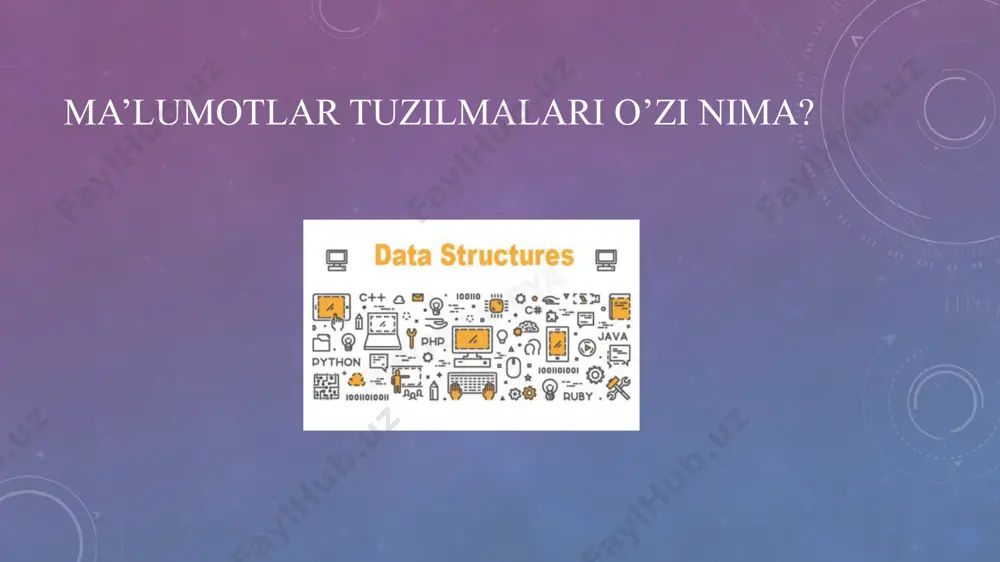 asi vaqt o`tishi bilan o`z o`lchamini o`zgartirmaydi. biz har doim dastur kodidagi statik ma`lumotlar tuzilmasiga qarab ularning o`lchamini bilishimiz mumkin. bunday ma`lumotlarga teskari ravishda dinamik ma`lumotlar tuzilmasi mavjud bo`lib, bunda dastur bajarilishi davomida dinamik ma`lumotlar tuzilmasi o`lchamini o`zgartirishi mumkin. statik ma’lumotlar tuzilmasi – bu qandaydir bir qonuniyatga asoslanib shakllangan, lekin elementlari soni, o`zaro joylashuvi va o`zaro aloqasi dastur bajarilishi davomida shu qonuniyat asosida dinamik o`zgaruvchan bo`lmagangan ma`lumotlar tuzilmasidir. navbatlarda ifodalanishi navbatni statik xotirada vektor ko`rinishida ifodalashda 2 ta parametr, ya`ni navbat boshini (navbatning 1-elementini) va oxirini (navbatning oxirgi elementini) ko`rsatuvchi ko`rsatkichlar olinadi navbatga yangi element kiritilayotganda navbat oxiri ko`rsatkichi ko`rsatayotgan adresga yoziladi va shundan keyin navbat oxiri ko`rsatkichi bittaga oshiriladi. navbatdan elementni o`chirishda navbat boshi ko`rsatkichi ko`rsatayotgan adresdagi element o`chiriladi va shundan keyin bu ko`rsatkichning qiymati bittaga oshiriladi. navbatga elementlar kiritilganda navbat oxiri ko`rsatkichi shu navbat uchun ajratilgan xotira sohasining oxiriga yetib qoladi. bunda navbat to`lgan hisoblanadi. steklarda ifodalanishi stekni …