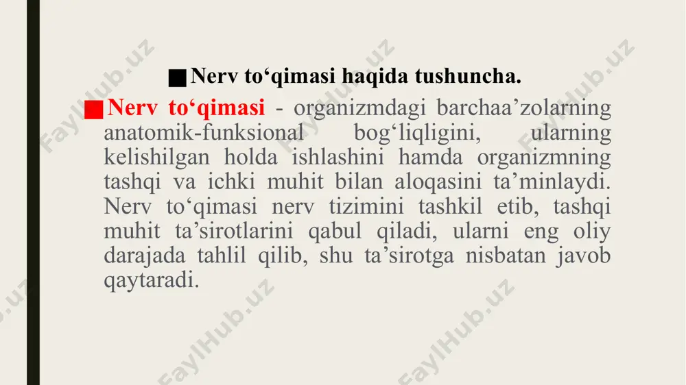 dagi asosiy metabolik jarayonlarning biokimyoviy asoslari keltirilgan: 1. energiya almashinuvi (atp sintezi) neyronlar juda ko‘p miqdorda energiya sarflaydi, ayniqsa membrana potentsialini saqlab qolish uchun. glyukoza asosiy substrat hisoblanadi – neyronlar energiyani asosan glyukozadan oladi. glikoliz: sitoplazmada sodir bo‘lib, glyukoza piruvatga aylantiriladi. piruvat mitoxondriyga kirib, sitrat sikli (krebs sikli) orqali co₂ va nadh/fadh₂ hosil qiladi. nadh/fadh₂ esa elektron transport zanjiri orqali atp sinteziga olib keladi (oksidlovchi fosforlanish). 2. na⁺/k⁺-atpaza faolligi. bu ferment nerv hujayrasi membranasidagi asosiy ion nasosidir. asab impulsidan so‘ng hujayraning elektroximik gradientini tiklash uchun energiyani ko‘p miqdorda sarflaydi. 3. yuqori darajadagi lipid almashinuvi neyron membranalari fosfolipidlar va sfingolipidlarga boy. miyelin hosil bo‘lishi (oligodendrositlar orqali) uchun lipid biosintezi zarur. gangliozidlar va boshqa kompleks glikolipidlar asab hujayralari faoliyatida muhim rol o‘ynaydi. 4. neyrotransmitterlar biosintezi neyronlar kimyoviy signallarni uzatadi, bu jarayonda turli neurotransmitterlar sintez qilinadi: asetilxolin – xolin va atsetil-koa dan sintezlanadi. dopamin, norepinefrin, serotonin – aminokislotalardan (tirozin, triptofan) fermentativ reaksiyalar orqali …