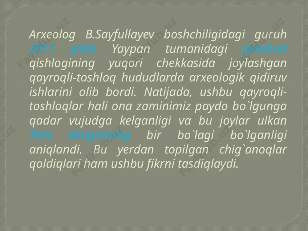 ham topilgan. yuqorida ta`rifi keltirilgan materiallar shubhasiz, so`nggi paleolit davrini xarakterlaydi. ammo ularni so`nggi paleolit davrining ichida qaysi bosqichga oidligini aniqlash qiyin. ularga yaqin analogiyalar sifatida toshkent vohasidagi so`nggi paleolit davrining ikkinchi yarmiga oid yodgorliklari materiallarini keltirish mumkin. 2011 yilda namangan viloyati, pop tumaniga qarashli togli chodak qishlog`ida ham qidiruv ishlarini olib borilgan. ushbu yotqiziqlardan yig`ib olingan kop sonli kremniylashgan oxaktosh bo`laklari yuvib o`rganildi va ular orasida paleolit davri odamlari tomonidan ishlov berilganlari ham borligi aniqlandi. aytish mumkinki, ushbu buloq bo`yida paleolit davri odamlarining manzilgohi mavjud bolgan. negaki, daraning yuqori qismi berk bolib, dara deyarli ushbu buloqdan boshlanadi. bu joyning dengiz sathidan balandligi 1150 m. qazilgan qazishmaning hajmi 1x1 m, chuqurligi 60 sm ga yetkazildi. ta`kidlash joizki, tuyamozorbuloqdan topilgan yirik plastina o`zbekiston paleolit davri arxeologiyasida shu kungacha ma`lum bolgan plastinalarning eng yirigidir. hatto, obi-raxmat g`orining minglab plastinalari orasida ham bunday yirigi uchramaydi. bundan tashqari, ushbu plastinaning ventral tomoni ko`ndalang, yupqa …