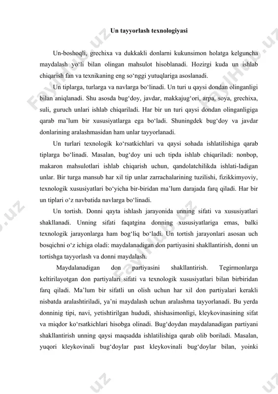 konditsiyaga keltirish 3 soatdan 16 soatgacha davom etadi. konditsiyaga keltirishning issiq usulida esa (40-550s) donni ushlab turish muddati 2-3 martaga kamayadi. konditsiyaga keltirish jarayonida donda suv va fermentlar ta’sirida murakkab strukturamexanik va biokimyoviy o‘zgarishlar ro‘y beradi. bu esa donda oliy navli un chiqish miqdorini oshiradi va unning nonboplik xususiyatlarining yaxshilanishiga olib keladi. molekulalar orasidagi masofaning kengayishi va mikroyoriqlarning paydo bo‘lishi donning zichligi va tashqi kuchlarga bardoshliligini kamaytiradi, natijada bunday donlar tez va yaxshi maydalanib, disperslik xususiyati yuqori unlar xosil bo‘ladi. ikkinchidan, donning sirtidan suv yordamida vitaminlar ichki tomoniga o‘tishi tufayli unning ozuqaviy qiymati yanada ortadi. biokimyoviy jarayonlar birmuncha unning oqarishini ta’minlab, kleykovinaning sifat va miqdoriy ko‘rsatkichlarini oshiradi. natijada, bunday unlardan tayyorlangan nonlar yuqori darajadagi organoleptik va fizik-kimyoviy ko‘rsatkichlarga ega bo‘ladi. donni maydalash (tortish). donning anatomik qismlarining kimyoviy tarkibi har xil bo‘lganligi sababli ularning maydalanishga bardoshliligi ham har xil bo‘ladi. po‘stloq qismining mexanik mustahkamligi endospermasining mustahkamligidan 12-20 baravar ortiqdir. shu sababli …