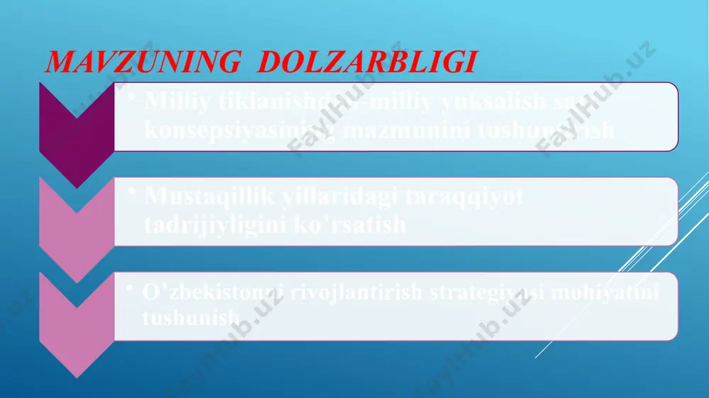 orlikni yanada mustahkamlash va yuqori iqtisodiy o’sish sur’atlarini saqlab qolish 3.2. tarkibiy o’zgartirishlarni chuqurlashtirish, milliy iqtisodiyotning etakchi tarmoqlarini modernizatsiya va diversifikatsiya qlish hisobidan unung raqobatdoshligini oshirish 3.3. qishloq xo’jaligini modernizatsiya qilish va jadal rivojlantirish 3.4. iqtisodiyotda davlat ishtirokini kamaytirish, xususiy mulk huququni himoya qilish… 3.5.viloyat, tuman va shaharlarni kompleks va mutanosib ijtimoiy- iqtisodiy rivojlantirish, ularning mavjud salohiyatidan samarali va optimal foydalanish iv. ijtimoiy sohani rivojlantirish 4.1.aholi bandligi va real daromadlarini izchil oshirish 4.2. aholini ijtimoiy himoya qilish va sog’liqni saqlash tizimini takomillashtirish, xotin-qizlarning ijtimoiy-siyosiy faolligini oshirish 4.3. arzon uy-joylar barpo etish bo’yicha maqsadli dasturlarni amalga oshirish… yo’l-transport- muhandislik-kommunikatsiya va ijtimoiy infratuzilmani rivojlantirish hamda modernizatsiya qilish 4.4. ta’lim va fan sohasini rivojlantirish 4.5. yoshlarga oid davlat siyosatini takomillashtirish v. xavfsizlik , diniy bag’rikenglik va millatlararo totuvlik, o’zaro manfaatli va amaliy tashqi siyosat 5.1. xavfsizlik, diniy bag‘rikenglik va millatlararo totuvlikni ta’minlash sohasidagi ustuvor yo‘nalishlar. 5.2. chuqur o’ylangan, o‘zaro manfaatli va amaliy tashqi …