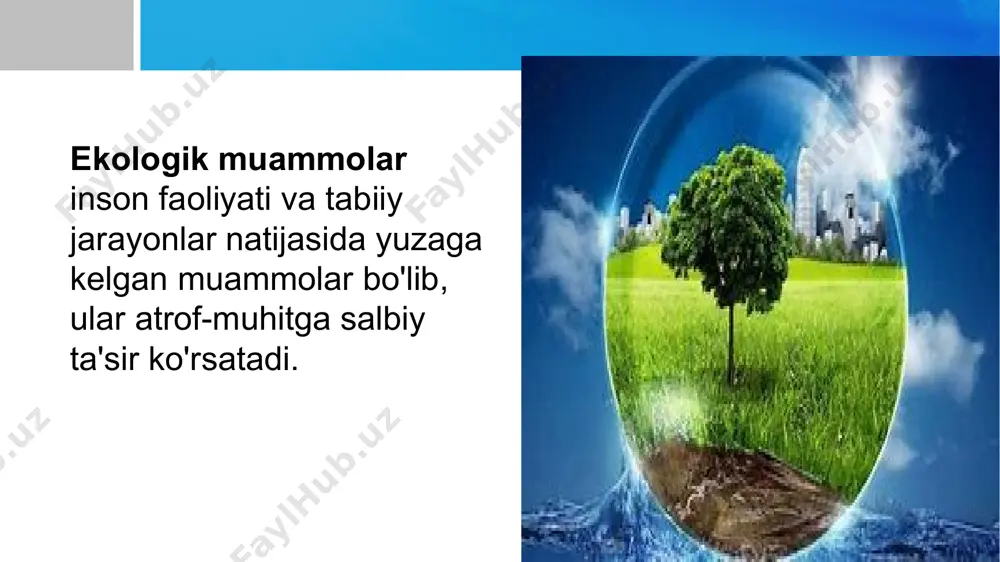 lish: o'zbekistonning ko'plab hududlarida o'simlik va hayvonot dunyosini muhofaza qilish va qayta tiklash muammolari mavjud. qo'riqxonalar va milliy bog'lar tarmog'ini kengaytirish zarur mintaqaviy ekologik muammolar mintaqaviy ekologik muammolar bir yoki bir nechta davlatlar o'rtasida bo'lishi mumkin: havo ifloslanishi: sanoat va transportdan chiqadigan zararli gazlar tufayli havo sifatining yomonlashishi. daryo va ko'llarning ifloslanishi: kimyoviy moddalar va chiqindilar sababli suv manbalarining ifloslanishi. biologik xilma-xillikning kamayishi: hududlarda hayvon va o'simlik turlarining yo'qolishi. havo ifloslanishi jiddiy global muammo hisoblanadi va inson salomatligi hamda atrof-muhitga salbiy ta'sir ko'rsatadi. o'zbekistonda ham havo ifloslanishi muammosi mavjud bo'lib, bu asosan quyidagi omillar bilan bog'liq: sanoat korxonalari: zavodlar, fabrikalar va boshqa sanoat korxonalari atmosferaga zararli moddalar chiqazadi. avtomobillar: transport vositalari, ayniqsa, eski va texnik holati yomon avtomobillar chiqindilarni havoga chiqaradi. qishloq xo'jaligi: pestitsidlar va boshqa kimyoviy moddalar tuproqdan havo orqali tarqaladi. ko'mir va yog'och yoqish: ko'mir va yog'ochdan foydalanish natijasida chiqayotgan tutun havo sifatini pasaytiradi. havo ifloslanishining salbiy oqibatlari …