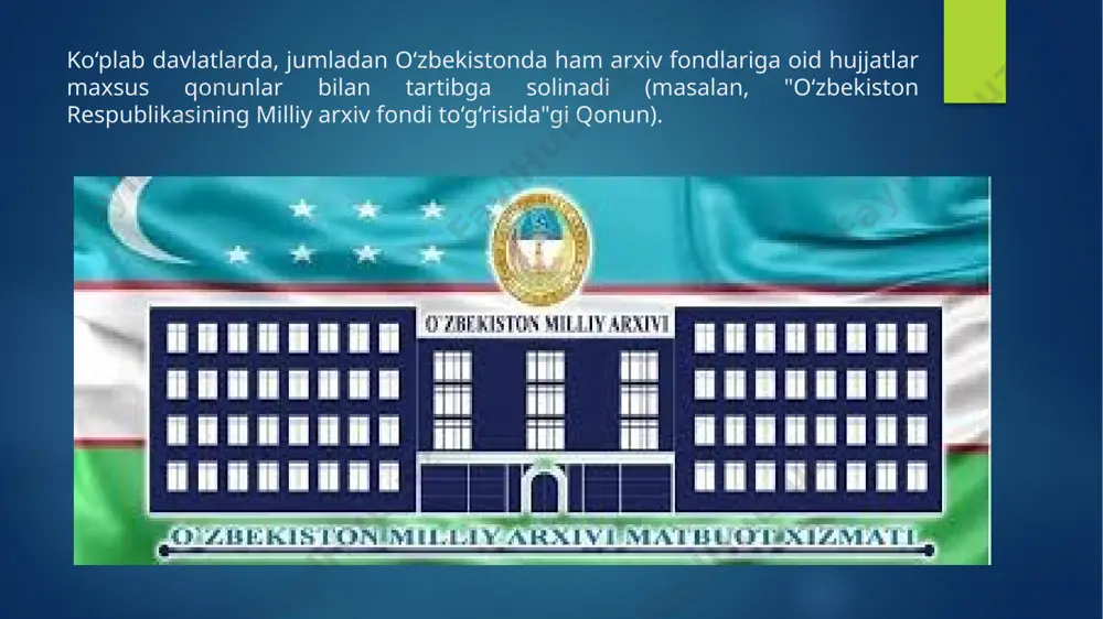 lingan natijalarni toidiradi. axborot tahlili uslubi zero hujjatlardagi axborotlar turli mazmun, shakl va ko'rinishlarga ega bo'ladi va shu sababli ularning ahamiyati ham har xil darajalarda baholanadi, ayni vaqtda uning takrorlanishi holatlariga ham e'tibor qaratiladi. j lujjatlarda mujassamlangan axborotni tahlil etishda uning mazmuni bilan bir qatorda hajmi ham o'rganib chiqilishi zarur va bunda maitematik uslublar ham qo'llaniladi. axborot tahlili uslubi tadqiq etilayotgan hujjatning axborotliligi va qimmatini aniqlashda muhim ahamiyat kasb etadi. manbaviy tahlil uslubi u o'zining keng qamrovliligi va bosqichma-bosqich amalga oshirilishi bilan izohlanadi. jumladan, hujjatning muallifi, ma'lum shaxs voki tashkilotga tegish liligi, kelib chiqishi, vozilgan tili, shakli, qanday materialdan tayyorlanganhgi va hokazolar o'rganiladi. mazkur uslub hujjatning barcha ichki va tashqi xususiyatlarini aniqlash va yoritib herish imkonini heradi o‘zbekistonda arxlv ishi qonunchiligi. 0‘zbekiston respublikasida mustaqillik yillarida arxiv ishi qonunchiligining shakllanishi 1999-yii 15-aprelda qabul qilingan “arxivlar to'g'risida ” qonun bilan bog'liq. mazkur qonunning tuzilishida arxiv sohasidagi mavjud tajrib , ayniqsa mamlakat hayotida …