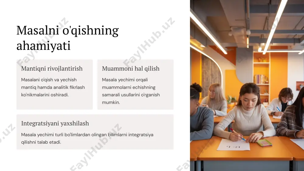 o'qotmaslikka yordam beradi. 5 muhim detallarni ajratish diqqatli o'rganish matnni sinchiklab o'rganish muhim detallarni ajratish uchun juda muhim. har bir gapni diqqat bilan o'qish va asosiy g'oyalarni belgilash kerak. yozma qaydlar matnni o'qish vaqtida muhim nuqtalarni alohida yozib olish fikrlashni tashkillashtirishga va asosiy ma'lumotlarni eslab qolishga yordam beradi. belgilar qo'yish matnda eng muhim qismlarni ajratib, ustidan chizib yoki belgilar qo'yish orqali ular esda qolishini ta'minlash mumkin. 6 matnni mustaqil tahlil qilish 1 matnni o'qish matnni diqqat bilan o'qish va tushunish 2 asosiy g'oyani aniqlash matnning asosiy g'oyasini belgilash 3 muhim ma'lumotlarni ajratish matnda keltirilgan muhim ma'lumotlarni ajratish 4 yechimni topish matnni mustaqil tahlil qilib, yechimni topish matnni mustaqil tahlil qilish jarayonida, avvalo, matnni diqqat bilan o'qish va tushunishimiz lozim. keyinchalik, asosiy g'oyani belgilash, muhim ma'lumotlarni ajratish orqali matnni chuqur o'rganishimiz va yechimni topishimiz kerak. 7 masalani yechish uchun metod tanlash 1 tahlil qilish masalaning mohiyatini tushunish uchun matnni sinchiklab o'rganish …