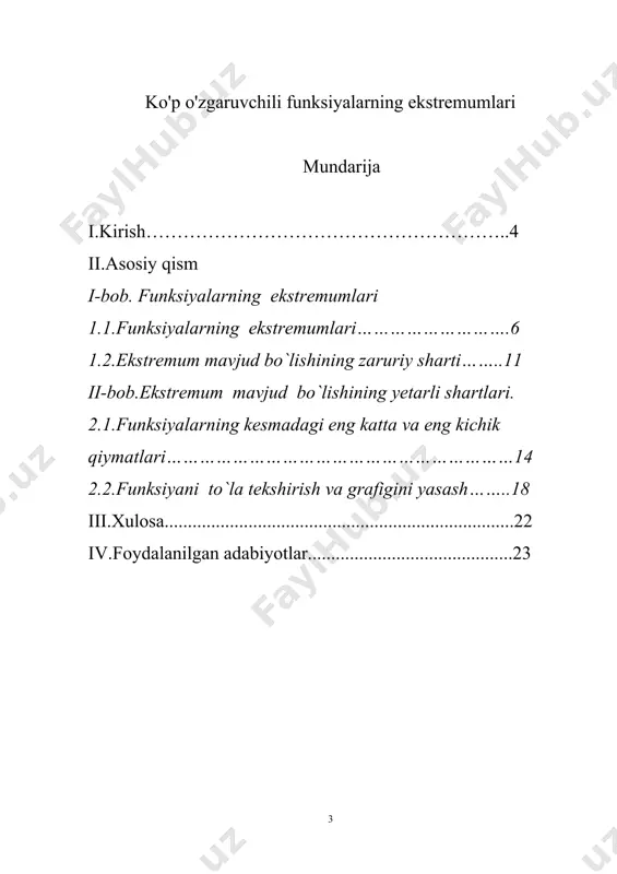 klarni (a, b) dan olingan barcha x nuqtalarda tekshirib chiqish hamma vaqt oson bo`lavermaydi. ba`zi sodda funksiyalar uchun bu ta`rifga misollar ko`raylik. 1) ƒ(x)= funksiyaning aniqlanish sohasi [-1, 1] kesmadan iborat. shu kesmaning chetki nuqtalarida, ya`ni x =-1, x =+1 da funksiyaning qiymati nolga teng; ichki nuqtalarida esa, >0. ammo x ning qiymati absolyut qiymati bo`yicha kamaygan sari funksiyaning qiymati orta boradi, x=0 bo`lganda esa u o`zining eng katta qiymatiga, ya`ni 1ga erishadi. 2) ƒ(x)= funksiya uchun aniqlanish soha: (-1, 1). bu funksiya maxraji |x|=1 bo`lganda nolga, demak ƒ(x) funksiyaning qiymati +( ga intiladi. ammo berilgan funksiya qiymatlari sohasi [1, () yarim intervaldan iborat bo`lib, funksiyaning eng katta qiymati bu sohaga tegishli bo`lmaydi, shu bilan birga u istalgancha katta miqdordir. bevosita tekshirib ko`rish mumkinki, 1-misolda funksiyaning eng kichik qiymati 0, 2-misolda esa funksiyaning eng kichik qiymati 1 bo`ladi. i-bob. funksiyalarning ekstremumlari 1.1.funksiyalarning ekstremumlari 1 – misol. funksiyaning ekstremumini toping. avvalo …