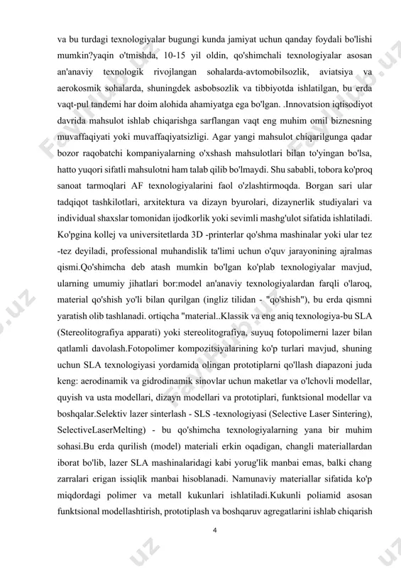 assik va eng aniq texnologiya-bu sla (stereolitografiya apparati) yoki stereolitografiya, suyuq fotopolimerni lazer bilan qatlamli davolash.fotopolimer kompozitsiyalarining ko'p turlari mavjud, shuning uchun sla texnologiyasi yordamida olingan prototiplarni qo'llash diapazoni juda keng: aerodinamik va gidrodinamik sinovlar uchun maketlar va o'lchovli modellar, quyish va usta modellari, dizayn modellari va prototiplari, funktsional modellar va boshqalar.selektiv lazer sinterlash - sls -texnologiyasi (selective laser sintering), selectivelasermelting) - bu qo'shimcha texnologiyalarning yana bir muhim sohasi.bu erda qurilish (model) materiali erkin oqadigan, changli materiallardan iborat bo'lib, lazer sla mashinalaridagi kabi yorug'lik manbai emas, balki chang zarralari erigan issiqlik manbai hisoblanadi. namunaviy materiallar sifatida ko'p miqdordagi polimer va metall kukunlari ishlatiladi.kukunli poliamid asosan funktsional modellashtirish, prototiplash va boshqaruv agregatlarini ishlab chiqarish uchun ishlatiladi. polistirol quyma modellarni ishlab chiqarish uchun ishlatiladi.alohida yo'nalish-metall kukunli kompozitsiyalarni qatlamli qatlamli lazer bilan sinterlash (termoyadroviy). af-texnologiyalarning bu yo'nalishini ishlab chiqish metall kukunlarini olish texnologiyasini ishlab chiqishga turtki bo'ldi. bugungi kunda metall kompozitsiyalar nomenklaturasida fe …