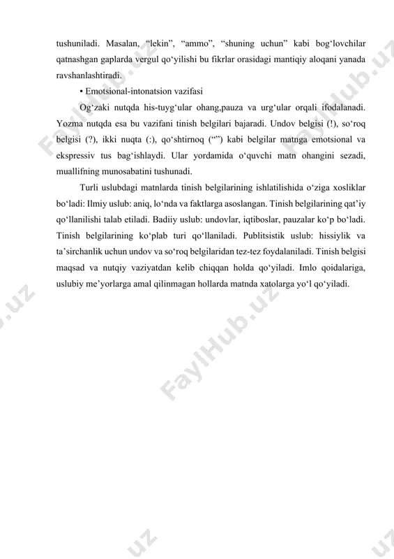 lgilar sistemasi punktuatsiyani vujudga keltiradi. tinish belgilari o‘z vazifalari va o‘ziga xos xususiyatlari jihatidan yozuvning boshqa vositalaridan (masalan: raqamlar, harflar, ayrim ilmiy belgilar, transkripsion va diakritik belgilar va boshqalardan) alohida ajralib turadi. tinish belgi bo‘lishi uchun: a) ijtimoiy-sotsial vazifasini bajarishi; b) vazifasi gapning semantik-grammatik jihati bilan bog‘liq bo‘lishi; v) qo‘llanishi grammatik (ko‘proq sintaktik) qonuniyatga asoslanishi; g) o‘z grafik shakliga, o‘z qo‘llanish sistemasiga ega bo‘lishi lozim. tinish belgilari yozma nutqni to‘g‘ri, ifodali, mantiqli bayon qilishda, uni ixchamlashda, yozma nutq qismlarining o‘zaro mantiqiygrammatik munosabatlarini ko‘rsatishda muhim grafik vosita sifatida ishlatiladi. yozma matnning mazmuni, ma’no tuslari (ottenkalari, qirralari), sintaktik qismlari (strukturasi), bu qismlar orasidagi semantik va grammatik munosabatlarni aniqlashda tinish belgilarining roli muhimdir. punktuatsiya, bir tomoidan, yozuvchiga o‘z yozma nutqini aniq, to‘g‘ri va ifodali bayon eta olish imkoiiyatiii bersa, ikkinchi tomondan, o‘quvchiga muayyan matndagi fikrni yozuvchi bayon etganidek, yozuvchining maqsadiga muvofiq tushuna olish imkoniyatini yaratadi: bir tinish belgi yozuvchn tomonidan qanday ma’no va …
