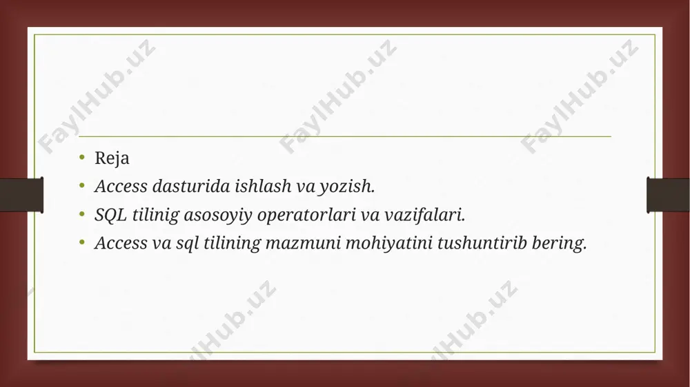 tlar bazasi sxemasini tushirish create table - jadval yaratish alter table - jadvalni o'zgartirish drop table - jadvalni tushirish create domain - domen yaratish alter domain - domenni o'zgartirish domain dop - domenni o'chirish cleate collation - ketma-ketlikni yaratish drop collation - ketma-ketlikni o'chirish create view - ko'rinishni yarating drop view - ko'rinishni o'chirish ma'lumotlarni boshqarish tili (dml) operatorlari - ma'lumotlarni boshqarish operatorlari select - jadvallardan qatorlarni tanlang insert - jadvalga qatorlar qo'shish update - jadvaldagi qatorlarni o'zgartirish o'chirish - jadvaldagi qatorlarni o'chirish komitsiya - kiritilgan o'zgarishlarni amalga oshirish rollback - o'zgarishlarni orqaga qaytarish ma'lumotlarni himoya qilish va boshqarish operatorlari assertion create - cheklov yaratish drop assertion - cheklovni olib tashlash grant - foydalanuvchiga yoki dasturga ob'ektlarni boshqarish uchun imtiyozlar berish revoke - foydalanuvchi yoki dastur imtiyozlarini bekor qilish shu bilan birga, sessiya parametrlarini sozlash, ma'lumotlar bazasi haqida ma'lumot olish, statik sql bayonotlar, dinamik sql bayonotlar uchun operatorlar guruhlari mavjud. …