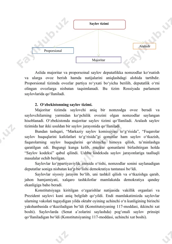 bilan tashkil qilinishi, saylov o‘tkazishning muddatlari, oliy majlis senati a’zolarini saylash tartibini, kimlar saylovda qatnashmasligini belgilovchi qoidalardan iborat. aslida majoritar va proporsoinal saylov deputatlikka nomzodlar ko‘rsatish va ularga ovoz berish hamda natijalarini aniqlashdagi alohida tartibdir. proporsional tizimda ovozlar partiya ro‘yxati bo‘yicha berilib, deputatlik o‘rni olingan ovozlarga nisbatan taqsimlanadi. bu tizim rossiyada parlament saylovlarida qo‘llaniladi. 2. o‘zbekistonning saylov tizimi. majoritar tizimda saylovchi aniq bir nomzodga ovoz beradi va saylovchilarning yarmidan ko‘pchilik ovozini olgan nomzodlar saylangan hisoblanadi. o‘zbekistonda majoritar saylov tizimi qo‘llaniladi. aralash saylov tizimida har ikki usuldan bir saylov jarayonida qo‘llaniladi. bundan tashqari, “markaziy saylov komissiyasi to‘g‘risida”, “fuqarolar saylov huquqlarini kafolatlari to‘g‘risida”gi qonunlar ham saylov o‘tkazish, fuqarolarning saylov huquqlarini qo‘shimcha himoya qilish, ta’minlashga qaratilgan edi. bugungi kunga kelib, mazkur qonunlarni birlashtirgan holda “saylov kodeksi” qabul qilindi. ushbu kodeksda saylov jarayonlariga taalluqli masalalar ochib berilgan. saylovlar ko‘ppartiyaviylik asosida o‘tishi, nomzodlar sonini saylanadigan deputatlar soniga nisbatan ko‘p bo‘lishi demokratiya tantanasi bo‘ldi. saylovlar siyosiy …