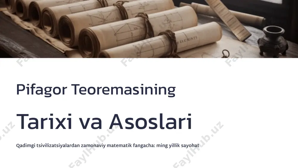 ger va boshqa zamonaviy matematiklar tomonidan yaratilgan animatsion va interaktiv isbotlar. ular teoremani ko'rgazmali tarzda tushuntiradi qayta joylashtirish usullari uchburchaklarni turli yo'llar bilan kesish va qayta joylashtirish orqali hosil bo'ladigan isbotlar madaniyatlararo kashfiyotlar turli madaniyatlarda mustaqil ravishda kashf etilgan isbotlar va ularning o'ziga xos xususiyatlari pifagor teoremasining isbotlari diagrammasi klassik geometrik kvadratlarni kesish va birlashtirishga asoslangan algebraik yondashuv tenglamalar va algebra qoidalariga asoslangan zamonaviy vizual animatsiya va interaktiv elementlar bilan turli madaniyatlar xitoy, hind va boshqa madaniyatlardagi isbotlar arxitektura va qurilish pifagor uchligi 3-4-5 nisbati to'g'ri burchaklarni aniqlashda qo'llaniladi. bu eng oddiy va ishonchli usul balandlik hisobi binolar balandligini va devor uzunligini aniq o'lchashda teorema asosiy vosita amaliy maslahat: qurilishchilar 3-4-5 yoki uning ko'paytmalarini (6-8-10, 9-12-15) ishlatib, to'g'ri burchaklarni mukammal aniqlilik bilan yaratishadi e'tiboringiz uchun rahmat image1.png image2.png image3.png image4.png image5.png image6.png image7.png image8.png image9.png image10.png image11.png image12.png image13.png image14.png image15.png image16.png image17.png image18.png image19.png image20.png image21.png