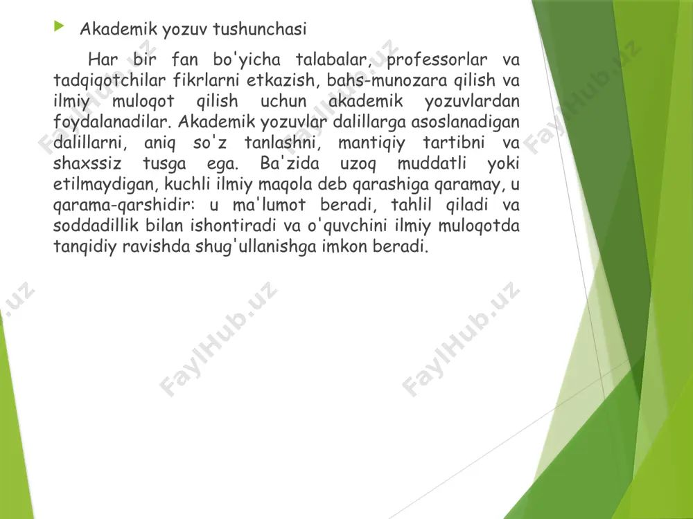 , og‘zaki nutqda tovush, tovush tembri (ovozning baland yoki pastligi), ohang, talaffuz, imo-ishoralardan ham foydalaniladi. yozma nutq ham, og‘zaki nutq ham ifodalanish xususiyatiga ko‘ra ikki xil bo‘ladi: bir shaxs nutqi (monolog) tarzida; 2) ikki yoki undan ortiq shaxslar nutqi (dialog) ko‘rinishida. monolog faqat so‘zlovchi yoki yozuvchi tilidan ifoda etiladi, so‘zlovchi yoki yozuvchi kechinmalari, kuzatishlari va mushohadalarini tasvirlashga xizmat qiladi. fikrni yozma shaklda bayon etish malakasi (tugal fikr ifodalangan matn) murakkab jarayon bo‘lib, ona tili ta’limining maqsadi shu parametrda mujassamlashadi. o‘quvchining ona tili ta’limi jarayonida egallagan ko‘nikma va malakalari u yaratgan matnda aks etadi. bu parametr bo‘yicha ta’lim sifatining natijasini baholashda o‘qituvchi tomonidan o‘quvchi egallagan quyidagi ko‘nikmalarning darajasi aniqlanadi: a) fikrning mantiqiy izchillikda ifodalanganligi; b) fikrlash, mavzuning murakkablik darajasi (sodda, murakkab, abstrakt-konkret, mavhum va hokazo); d) tavsifning mavzuga muvofiqligi va mazmuniy qiymati; e) tavsifda tilning ifoda vositalaridan maqsadga muvofiq foydalanish darajasi; 10 f) imloviy (yozma) savodxonlik sifati. akademik yozuvning xususiyatlari ochiq …