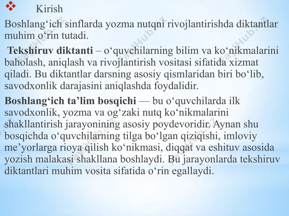 i. o‘tkazish tartibi: matnni to‘liq o‘qish; so‘zma-so‘z o‘qib yozdirish; yakunda to‘liq o‘qib, tekshirish imkonini berish. natijaviy chora-tadbirlar: xatolar asosida individual va guruhli mashg‘ulotlar tashkil etish; yozma ishlar orqali aniqlangan muammolarni tuzatish bo‘yicha mashqlar ishlab chiqish (masalan, to‘g‘ri yozish bo‘yicha diktantlar, lug‘at ishlari). tekshiruv diktanti natijalariga ko‘ra pedagogik chora-tadbirlar quyidagi yo‘nalishlarda amalga oshiriladi: 1. tahlil va diagnostika diktant natijalari sinf kesimida umumlashtiriladi. har bir o‘quvchining xatolari tahlil qilinadi (imlo, tinish belgilari, so‘z tuzilishi va boshqalar bo‘yicha). xatolar takrorlanish chastotasi aniqlanadi va asosiy muammoli yo‘nalishlar belgilanadi. 2. individual yondashuv har bir o‘quvchining diktantdagi kamchiliklariga qarab individual ishlash rejalashtiriladi. zaif o‘zlashtirayotgan o‘quvchilar bilan alohida mashg‘ulotlar tashkil etiladi (masalan, orfografik diktantlar, ko‘makchi mashqlar). 3. guruhli ishlash xuddi takroriy xatolarga yo‘l qo‘ygan o‘quvchilar kichik guruhlarga bo‘linadi. o’quvchilarga dars oldidan ularni aqliy saloxiyatlarini charxlash maqsadida turli jumboqli topshiriqlar bajartirib turish tavsiya etiladi . xulosa: tekshiruv diktanti boshlang‘ich sinf o‘quvchisining savodxonlik, diqqat, eshitish, yozish kabi ko‘nikmalarini rivojlantiradi. …