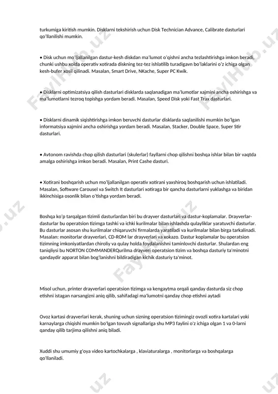 motlarni almashinish uchun ishlatiladilar. masalan, brooklin bridge, desklink, laplink, fast link. telemate, procomm, dataline dasturlari kompyuterlarning telefon kanallari orqali muloqot qilinishiga yordam bersa, winfax pro, bit fax, fax it dasturlari telefon ma‘lumotlarini faks modem orqali uzatish imkoniyatini yaratadilar. • kompyuterni diagnostika qilish dasturlari uning konfiguratsiyasini va ishga layoqatliligini tekshirishga imkon beradi. masalan, cheeck it, nd lags, control room, system sleuth dasturlarini shu dasturlar turkumiga kiritish mumkin. disklarni tekshirish uchun disk technician advance, calibrate dasturlari qo’llanilishi mumkin. • disk uchun mo’ljallanilgan dastur-kesh diskdan ma‘lumot o’qishni ancha tezlashtirishga imkon beradi, chunki ushbu xolda operativ xotirada diskning tez-tez ishlatilib turadigavn bo’laklarini o’z ichiga olgan kesh-bufer xosil qilinadi. masalan, smart drive, nkache, super pc kwik. • disklarni optimizatsiya qilish dasturlari disklarda saqlanadigan ma‘lumotlar xajmini ancha oshirishga va ma‘lumotlarni tezroq topishga yordam beradi. masalan, speed disk yoki fast trax dasturlari. • disklarni dinamik siqishtirishga imkon beruvchi dasturlar disklarda saqlanilishi mumkin bo’lgan informatsiya xajmini ancha oshirishga …