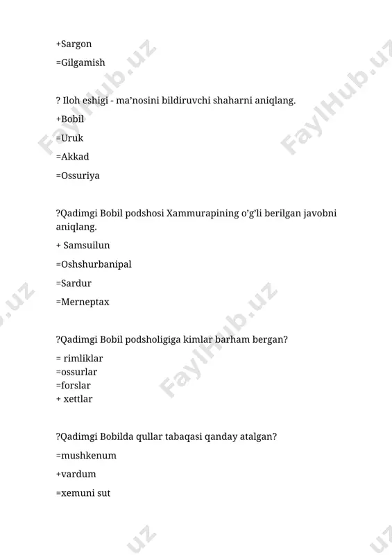 ta +chandragupta =por =bindusara ?miloddan avvalgi ii asrda hindistonga kimlar kirib brogan? =forslar =kushonlar +saklar =parfiyonlar ?qadimgi xitoyda chun-syu davri nechinchi asrlarni o’z ichiga oladi? +mil.avv vi-v asrlar =mil.avv vi-iv asrlar =mil.avv vii-v asrlar =mil.avv vi-iii asrlar ?qadimgi xitoy faylasufi konfutsiy yashagan yillarni aniqlang. =mil.avv 651-479-yillar =mil.avv 550-470-yillar =mil.avv 541-479-yillar +mil.avv 551-479-yillar ?sin hukmdori in-chjen miloddan avvalgi 228-221-yillarda umumiy nechta podsholikni bo’ysundiradi? +5 =4 =3 =2 ?sin shixuandi o’z davlatini nechta viloyatga bo’lib boshqargan? +36 =20 =22 =30 ?”iliada” va “odissey” dostonlari muallifini aniqlang. =sofokl =geraklit +gomer =aristofan ?buyuk yunon kolonlashtirish davri qaysi davrni o’z ichiga oladi? =mil.avv vii-vi asrlar =mil.avv viii-vii asrlar =mil.avv vii-v asrlar +mil.avv viii-vi asrlar ?kim boshchiligida forslar mil.avv 492-yilda yunonistonga bostirib kirishadi? +mardoniy =artakserks i =kserks =kambiz ii ?yunon-fors urushlari tarixida marafon jangi bo’lib o’tgan yilni aniqlang. = mil.avv. 492-yilda +mil.avv. 490-yilda = mil.avv. 486-yilda = mil.avv. 480-yilda ?1-afina dengiz ittifoqi qachon tuzilgan? + mil.avv. …