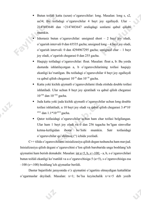 allaydi va qabul qilish chegarasi 10-38 dan 10+38 gacha. · katta yoki kichik qiymatli o’zgaruvchilarni ifoda etishda double toifasi ishlatiladi. ular uchun 8 bayt joy ajratiladi va qabul qilish chegarasi 10-304 dan 10+304 gacha. · juda katta yoki juda kichik qiymatli o’zgaruvchilar uchun long double toifasi ishlatiladi, u 10 bayt joy oladi va qabul qilish chegarasi 3.4*10-4932 dan 1.1*10-4932 gacha. · qator toifasidagi o’zgaruvchilar uchun ham char toifasi belgilangan. ular ham 1 bayt joy oladi va 0 dan 256 tagacha bo’lgan simvollar ketma-ketligidan iborat bo’lishi mumkin. satr toifasidagi o’zgaruvchilar qo’shtirnoq (“) ichida yoziladi. c++ tilida o’zgaruvchilarni inisializasiya qilish degan tushuncha ham mavjud. inisializasiya qilish degani o’zgaruvchini e’lon qilish barobarida unga boshlang’ich qiymatini ham berish demakdir. masalan: int a=5, b, s=-100; - a, b, s o’zgaruvchilari butun toifali ekanligi ko’rsatildi va a o’zgaruvchisiga 5 (a=5), s o’zgaruvchisiga esa –100 (s=-100) boshlang’ich qiymatlar berildi. dastur bajarilishi jarayonida o’z qiymatini o’zgartira olmaydigan kattaliklar …