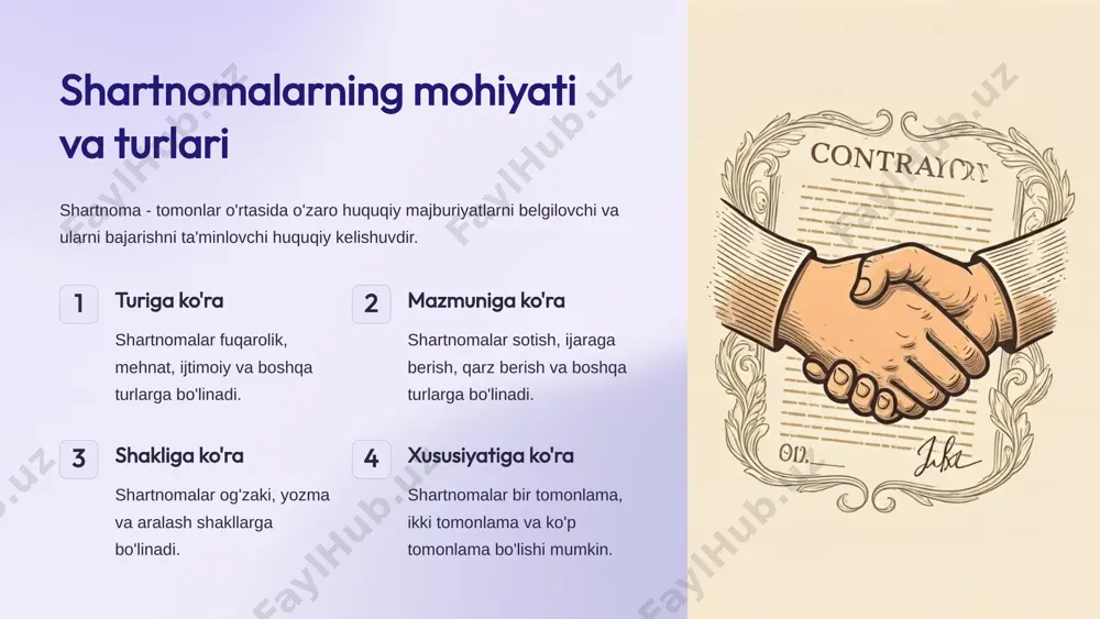 nazorati shartnoma shartlarining bajarilishi nazorat qilinishi kerak. 10 shartnomalar nazariyasining amaliy ahamiyati va rivojlanish istiqbollari shartnomalar nazariyasi zamonaviy jamiyatda tobora muhim rol o'ynamoqda va uning rivojlanish istiqbollari keng. 1 globalizatsiya xalqaro shartnomalar va transmilliy korporatsiyalar o'rtasidagi munosabatlarni tartibga solish. 2 texnologiya elektron shartnomalar, sun'iy intellekt va kriptovalyutalar shartnomalar nazariyasini yangi bosqichga olib chiqadi. 3 iqtisodiyot bozor munosabatlari va biznes faoliyatini rivojlantirish uchun muhim asos. 4 huquqni qo'llash shartnomalar nazariyasi sud amaliyotida muhim o'rin tutadi. 11 1.1 shartnoma tushunchasi shartnoma bu ikki yoki undan ortiq tomonlar o'rtasida kelishilgan shartlar asosida huquqiy majburiyatlarni yaratishga qaratilgan bitimdir. shartnoma odatda yozma shaklda tuziladi, lekin og'zaki shartnomalar ham qabul qilinishi mumkin. shartnoma quyidagi asosiy elementlardan iborat bo'lishi kerak: tomonlar: shartnomada ishtirok etuvchi tomonlar aniq ko'rsatilishi kerak. kelishuv: tomonlar o'rtasida kelishilgan shartlar va majburiyatlar. maqsad: shartnomada ko'zda tutilgan maqsad yoki faoliyat. qonuniylik: shartnoma qonuniy kuchga ega bo'lishi uchun qonunlarga mos bo'lishi kerak. shartnomalar turli sohalarda, masalan, …