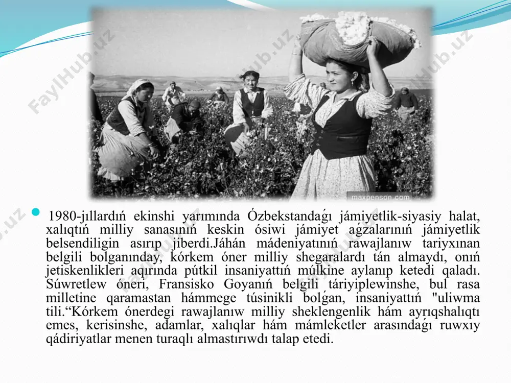 ekstensiv jolı jaramsız bolıp qalǵanınan derek edi. usı jılları qolǵa kirgizilgen tabıs hám kemshilikleri de kórkem ónertanıwshılar kózqarasınan shette qalǵanı joq. bul pikirlerdiń barlıǵı búgingi kórkem turmısta óz sheshimin tabadı kútip atırǵan táreplerinen biri. soǵan baylanıslı, bar kartinalardaǵı kórkemlik máseleleri, metodikalıq baǵdarları, sonday-aq, dóretiwshilik procesin izertlew dóretiwshilik dástúrlerdi súwretlew dóretpelerin talqılawda úyreniw áhmietli másele bolıp esaplanadı. 1980-jıl jıllardıń ortalarına kelip, ózbek xudojnikleriniń shıǵarmalarında fundamental ózgerislerge alıp keldi. bir xudojniktiń jeke usılı ózgeriwi kóbinese subektiv sebeplerge baylanıslı júz berdi. usıl ózgertiwine tásir etiwshi kórkem óner shıǵarması bul xudojniktiń dóretiwshilik sayaxatları menen soqlıǵısıwlarǵa dus keliwi múmkin túsindi. biraq, kórkem ónerde tektonikalıq ózgeris tek bir xudojnikke emes, al pútkil áwladqa yamasa ustalardıń áhmiyetli toparına tásir etti, tek belgili tariyxıy ózgeris emes, revolyuciyalıq soqqı da tásir etti. sovet aymaǵında qayta qurıw, keyin erkinliktiń tarqalıwı yaki aldınnan belgileniwi hám aqırında ģárezsizlikke erisiw ózbekstannıń rásmiyliginde áhmiyetli semantikalıq ózgerisler hám metodikalıq metamorfozalar ushin áhmiyetli faktor boldi. 1980-jıllardıń …