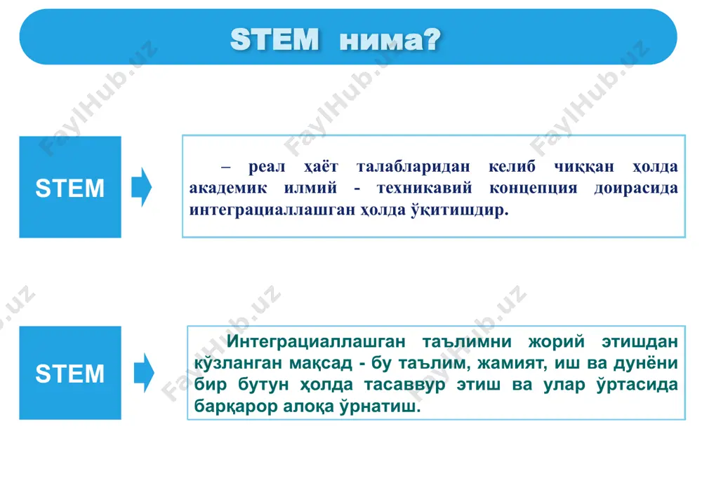 иҳозларни сотиб олиш кўзда тутилган. лойиҳа доирасида мактабларда 7−11-синфларда stem йўналишида таълимини ривожлантиришга қаратилган. stem таълимининг ривожланиш ва жорий этиш эволюцияси logo малайзиянинг stemни ўқитиш стандарти stem таълимининг ривожланиш ва жорий этиш эволюцияси logo фарзандлар фаровон келажаги – stemдир. глобал - stem stem таълимининг ривожланиш ва жорий этиш эволюцияси logo estream stream steam stem stem таълимининг ривожланиш ва жорий этиш эволюцияси logo stem таълимининг ривожланиш ва жорий этиш эволюцияси stem = science + technology + engineering + mathematics (фан + технология + мухандислик + математика) еstem = stem + environment (атроф-муҳит, экология) strem = stem + robotics (робототехника) stemm = stem + medicine (медицина) steаm = stem + arts (санъат) streаm = stem + religion (дин) + arts (санъат) metals = stem + arts (санъат) + logic (мантиқ) (mathematics + engineering + technology + arts + logic + science) gems (girls in engineering, math, and science-қизлар) istem (invigorating stem-куч(илхом) берадиган …
