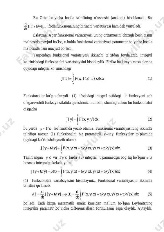 i ta`rifini gat obo`yicha hosila tilida ham berish mumkin. ta’rif 2. (funksional variatsiyasining ikkinchi ta`rifi). [ ]j f funksionalning f argumentini hamda f argumentning qandaydir y variatsiyasini beramiz va tayinlaymiz. bir parametrli f t y funksiyalar to`plamida qaralayotgan [ ]j f t y funksional tayinlangan f va y larda t parametrning ( ) [ ], ,t j f t y t r    funksiyasiga aylanadi. [ ]j f funksionalning f nuqtadagi [ ]j f variatsiaysi deb, ( ) [ ], ,t j f t y t r    funksiyaning 0t  nuqtadagi t parameter bo`yicha hosilasiga aytiladi: ya`ni ' 0 0 [ ] [ ] [ , ] lim [ ] (0).t t j f t y j f d j f y j f t y t dt             bu gato bo`yicha hosila ta`rifining …