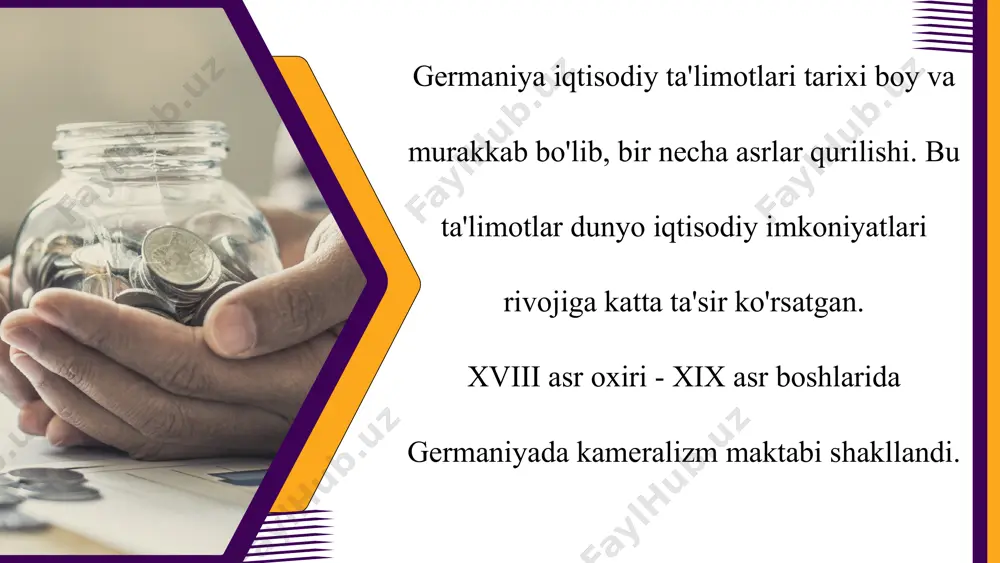 aktabning o`zi xix asrning 40-yillarida vujudga keldi. uning namoyandalari siyosiy iqtisodning yagona nazariyasi bo`lishi ehtimolining o`zini rad etdilar. ular barcha kapitalistik mamlakatlar uchun umumiy bo`lgan obyektiv iqtisodiy qonunlarni pisand qilmadilar. tarixiy maktab abstrakt usulini rad qilib, uni oshkora empirizm (amaliy hayotga moyillik) bilan almashtirdilar. iqtisodiy subyektivizm bu maktabning o`ziga xos xususiyatidir. tarixiy maktab usulining mana shu hamma xususiyatlari shu bilan izohlanadiki, bu maktab namoyandalari hatto vulgar - madhiyabozlik nusxasidagi siyosiy iqtisodning ham nazariy asoslarini tugatish uchun jon-jahdlari bilan kurashdilar. germaniya iqtisodiy ta'limotlarining zamonaviy bosqichidan hans-werner sinn globallashuv davlat siyosati masalalarini tadqiq etish. u soliq, ijtimoiy ta'minot va mehnat bozori bo'yicha tavsiyalar ishlab chiqmoqda. germaniya iqtisodiy ta'limotlarining asosiy xususiyatlari: tarixiylik prinsipi iqtisodiy faoliyatni tarixiy nuqtai nazardan o'rganish milliy mahsulotni olish har bir mamlakatning o'ziga xos sharoitlarini e'tiborga olish davlatning faol roli davlat va bozor munosabatlarini uyg'unlashtirish germaniya iqtisodiy ta'limotlarining asosiy xususiyatlari davomi ijtimoiy yo'qotilganlik - iqtisodiy samaradorlik va ijtimoiy adolatni birgalikda …