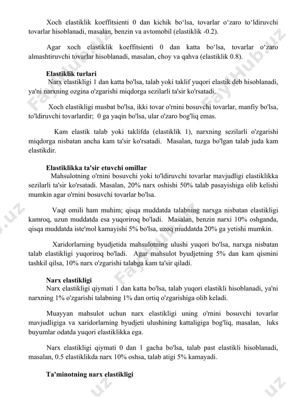 lastik talab yoki taklifda (elastiklik 1), narxning sezilarli o'zgarishi miqdorga nisbatan ancha kam ta'sir ko'rsatadi. masalan, tuzga bo'lgan talab juda kam elastikdir. elastiklikka ta'sir etuvchi omillar mahsulotning o'rnini bosuvchi yoki to'ldiruvchi tovarlar mavjudligi elastiklikka sezilarli ta'sir ko'rsatadi. masalan, 20% narx oshishi 50% talab pasayishiga olib kelishi mumkin agar o'rnini bosuvchi tovarlar bo'lsa. vaqt omili ham muhim; qisqa muddatda talabning narxga nisbatan elastikligi kamroq, uzun muddatda esa yuqoriroq bo'ladi. masalan, benzin narxi 10% oshganda, qisqa muddatda iste'mol kamayishi 5% bo'lsa, uzoq muddatda 20% ga yetishi mumkin. xaridorlarning byudjetida mahsulotning ulushi yuqori bo'lsa, narxga nisbatan talab elastikligi yuqoriroq bo'ladi. agar mahsulot byudjetning 5% dan kam qismini tashkil qilsa, 10% narx o'zgarishi talabga kam ta'sir qiladi. narx elastikligi narx elastikligi qiymati 1 dan katta bo'lsa, talab yuqori elastikli hisoblanadi, ya'ni narxning 1% o'zgarishi talabning 1% dan ortiq o'zgarishiga olib keladi. muayyan mahsulot uchun narx elastikligi uning o'rnini bosuvchi tovarlar mavjudligiga va xaridorlarning byudjeti …