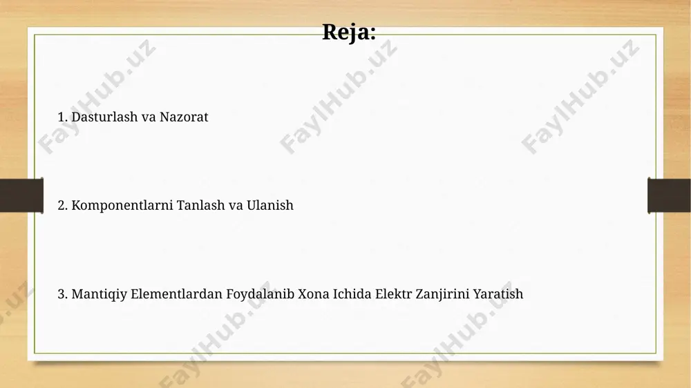 i tanlash va qo'llash mantiqiy darvozalarni tanlash, 2 yoki 3 ta kirish signali bo'lgan and, or, not darvozalarini kombinatsiyasi orqali murakkab mantiqiy funksiyalarni amalga oshirish imkonini beradi. muayyan mantiqiy funksiyani amalga oshirish uchun kerakli mantiqiy darvoza turiga qarab, ularning turli xil texnologik xususiyatlari (masalan, tezligi, quvvati) hisobga olinishi kerak. xavfsizlik choralari va ehtiyotkorliklar 12v dan yuqori kuchlanishli manbalar bilan ishlashda ehtiyot bo'ling, chunki bu kuchlanish elektr toki urishi xavfini tug'dirishi mumkin. har doim himoya vositalaridan, masalan, izolyatsion qo'lqoplardan foydalaning. simlarni kesish yoki ulashda 2-3 mm dan kam bo'lmagan izolyatsiyani qoldiring, bu esa qisqa tutashuvning oldini olish va xavfsizlikni ta'minlash uchun muhimdir. elektr zanjirining asoslari elektr zanjiri kamida bitta kuch manbai (masalan, 12v batareya), ikkita terminaldan iborat yuk (masalan, 20 ohm qarshilik) va ulardan o'tuvchi o'tkazuvchan simlardan tashkil topgan bo'lishi kerak. seriyali ulanishda barcha elementlar ketma-ket joylashadi, umumiy tok bir xil bo'ladi, lekin kuchlanish har bir elementda turlicha taqsimlanadi. parallel ulanishda …