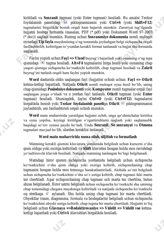 il qilingan hujjatni kompyuter xotirasida saqlash uchun fayl => soxranit ketma-ketligi bajariladi. natijada soxranit kak nomli oyna hosil bo‘lib, undagi posledniye papki (avval faollashtirilgan papkalar) ro‘yxatidan kerakli papka yoki obzor nomli tugma bosiladi. bu amal bajarilgach, soxraneniye dokumenta nomli muloqot oyna hosil bo‘lib, undagi imya fayla maydoniga faylning nomi kiritiladi va soxranit tugmasi (yoki enter tugmasi) bosiladi. bu amalni tezkor foydalanish panelidagi piktogranmiasini yoki ctrl+s (yoki shift+f12) tugmalarini birgalikda bosish orqali ham bajarish mumkin. zaruriyat tug‘ilganda hujjatni boshqa formatda (masalan, pdf (*.pdf) yoki dokument word 97-2003 (*.doc)) saqlash mumkin. buning uchun soxraneniye dokumenta nomli muloqot oynadagi tip fayla maydonining o‘ng tomonida joylashgan belgi sichqoncha orqali faollashtirilib, keltirilgan ro‘yxatdan kerakli format tanlanadi va hujjat shu formatda saqlanadi. faylni yopish uchun fayl => vixod buyrug‘i bajariladi yoki oynaning o‘ng tepa qismidagi tugma bosiladi. alt+f4 tugmalarini birga bosib yoki oynaning chap yuqori qismiga sichqoncha ko‘rsatkichi keltirilib, chap tugmasi bosiladi va zakrit buyrug‘ini tanlash …