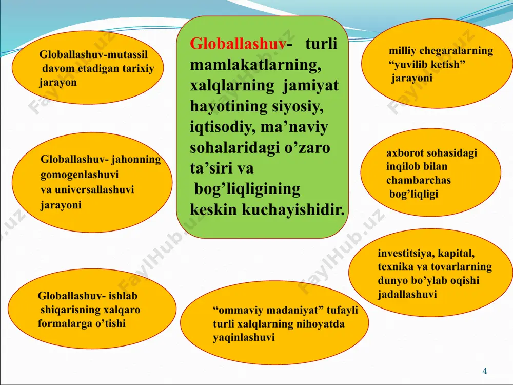 ri – 1970-yillarning boshlarida keng tarqaldi va shundan beri ilmiy va siyosiy muomala(leksikon) hamda ommaviy ongdan mustahkam о‘rin oldi. global muammolar butun yer kurrasini, uning nafaqat odamlar bevosita yashaydigan qismini, balki yerning qolgan yuzasi, yer osti bо‘shliqlari, atmosfera, gidrosfera va hatto inson faoliyati doirasiga kiruvchi kosmik fazoni qamrab olishi bilan izohlanadi. shunday qilib, global muammolar tо‘g‘risida sо‘z yuritilganda butun sayyora nazarda tutiladi, uning eng yirik tarkibiy birligi sifatida esa mintaqa qabul qilinadi. global muammolar - bu shunday muammolarki, ular butun insoniyatning manfaatlariga daxl qiladi, uning kelajagiga xavf soladi hamda ular butun xalqaro hamjamiyatning ishtiroki bilangina hal etilishi mumkin. birinchidan, global muammolar о‘z mohiyatiga kо‘ra nafaqat ayrim kishilarning manfaatlariga, balki butun insoniyat taqdiriga daxldordir. ikkinchidan, ularni bartaraf etish uchun butun sayyora aholisi hech bо‘lmasa aksariyat qismining kuch-g‘ayratini birlashtirish va ular bahamjihat, izchil ish kо‘rishi talab etiladi. uchinchidan, bu muammolar dunyo rivojlanishining obektiv omili hisoblanadi va biron-bir mamlakat ularni e’tiborga olmasligi mumkin …