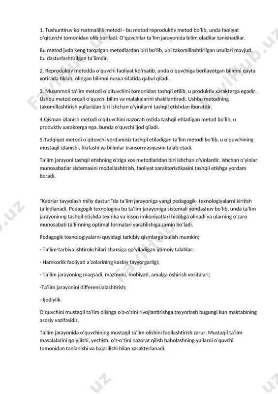 arakatli xotira muhimroq rol` o’ynaydi. ta`lim jarayonida o’quv materiallarining ma`nosini, turli mulohazalarni ilmiy asoslarni eslab qolish va esga tushirish orqali o’quvchilarda mantiqiy xotira takomillashadi. uning rivojlanishi ko’p jihatdan o’quvchilar aqliy faolligining darajasiga bog’liq. kichik maktab yoshdagi tafakkurning xususiyatlaridan biri narsalarning ba`zi belgilari doimiyligini payqab olmaslikdir. bolalar tafakkurining bu xususiyatini shveycariyalik j.plaje o’rgangan. narsa va hodisalarning xossalari, qonuniyatlariga ko’ra muhim belgilarga asoslanib umumlashtirish xususiyati esa keyinroq shakllana boshlaydi. bolalar ancha vaqtgacha predmetlarning muhim va nomuhim belgilarini ajrata olmay qiynaladilar. shuning uchun tushunchani to’g’ri umumlashtirish usullarini o’rgatish kerak. kichik maktab yoshidagi asosiy psixologik o’zgarishlar. bu yoshda etakchi faoliyat o’quv faoliyati bo’lib, ta`lim jarayoni psixikada yangi xususiyat va sifatlarning paydo bo’lishiga sabab bo’ladi. 1. xatti-harakatlarning ixtiyoriy xususiyat bo’lib, o’quvchi ishlarini avvaldan rejalashtirish, ongli ravishda faoliyat maqsadlarini tanlashni o’rganadi. 2. o’quvchi biror masalani echish davomida har bir harakatning tartibi, variantlarini qidiradi, masalaning hal qilinishini nazorat qiladi, ya`ni o’quvchi xatti-harakatlarini ichki planda bajarishnio’rganadi. 3. bola …