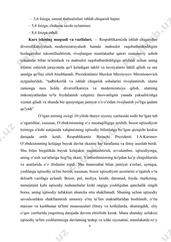 iyoti“ o‘rta maxsus va kasb-hunar ta'limi muassasalari uchun tayyorlangan bo‘lib, undan oliy o‘quv yurtlari talabalari va keng kitobxonlar ommasi ham foydalanishlari mumkin. bozor iqtisodiyotining asosiy tushunchalari va kategoriyalari, uning nazariyasi va amaliyoti, mazkur tizimni hayotga tatbiq etishda o'zbekistondagi o‘ziga xosliklar, yangi sharoitda tadbirkorlik, marketing, menejment asoslari, bozor munosabatlari mexanizmi, iqtisodiyotni tartibga solishda davlatning roli kabi muhim masalalar talabalar uchun tushunarli tilda bayon etilgan. respublikamiz birinchi prezidenti i.a.karimov ma'naviy jihatdan mukammal insonni tarbiyalash, rnilliy uyg'onish g'oyasini ro'yobga chiqaradigan yangi avlodni voyaga yetkazish davlatimizning eng muhim vazifalaridan biri ekanini asoslab bergan. u vazifaning qo'yilishidan ko‘zlangan pirovard maqsad o'zining mustaqil iqtisodiy tafakkuriga va fuqarolik pozitsiyasiga ega bo'lgan, jamiyat taraqqiyotiga munosib hissa qo'sha oladigan insonlarni tarbiyalashdir. siyosiy, ijtimoiy va iqtisodiy sohalarda shiddat bilan kechayotgan globallashuv (dunyoviylashuv) jarayonlari, tabiiyki, o‘zbekistonni ham o‘z domiga tortmoqda. binobarin, bu jarayonlardan hech kim chetda qolib ketmaydi. ayniqsa, bugungi yoshlar umid qilamizki, bugun siz qo'lingizga olgan kitobda keltirilgan bilim va …
