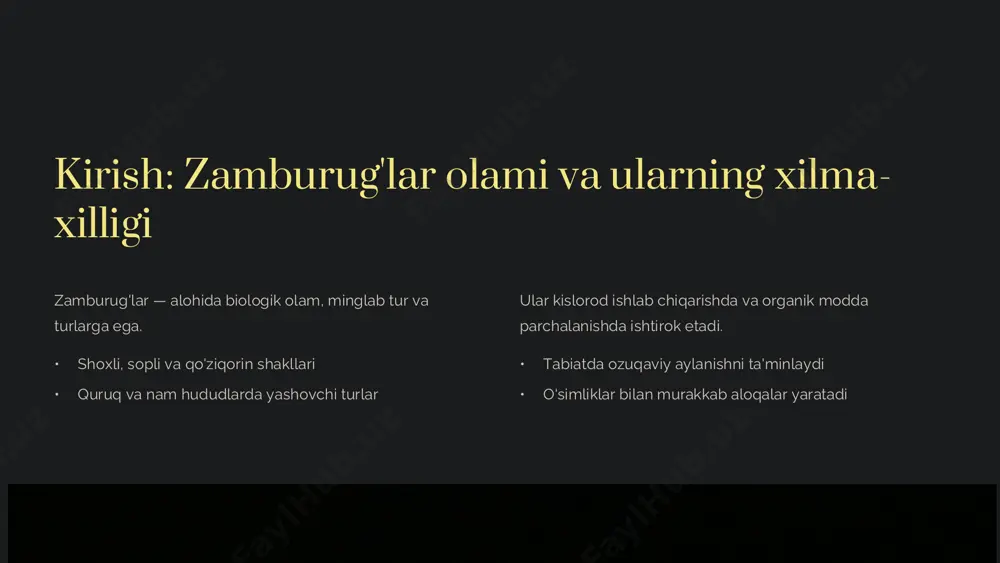 ik itiqli. foydali tomonlar • o'simliklarga suv va mineral moddalar yetkazadi • o'simliklarga kasalliklardan himoya qiladi https://gamma.app/?utm_source=made-with-gamma preencoded.png zamburug'lardan biologik kurash vositasi sifatida foydalanish 1 čechar va zararkunandalarga qarshi zamburug'lar biologik pestitsid sifatida xavfsiz qo‘llaniladi. 2 ekologik toza usul kimyoviy moddalar o‘rniga tabiiy himoya vositalari. 3 qishloq xo‘jaligini barqaror rivojlantirish tuproq va ekotizimga zarar yetkazmaydi. https://gamma.app/?utm_source=made-with-gamma preencoded.png zamburug' kasalliklari va ularga qarshi kurash usullari tashxis qo‘yish kasallik sababini aniqlash va zamburug' mavjudligini tekshirish. davolash usullari biologik va kimyoviy vositalardan foydalanish, zararkunandalarga qarshi kurashish. oldini olish to‘g‘ri agrotexnika va rotatsiya tizimini yaratish. https://gamma.app/?utm_source=made-with-gamma preencoded.png o'zbekistonda zamburug' yetishtirish va ularning iqtisodiy ahamiyati rivojlanish imkoniyatlari zamburug' yetishtirish qishloq xo‘jaligida yangi biznes yo‘nalishi. iqtisodiy ta’sir mahalliy mehnat bozorini kengaytirish va eksport imkoniyatlari. https://gamma.app/?utm_source=made-with-gamma preencoded.png xulosa: zamburug'larning saodatda va qishloq xo'jaligidagi istiqbollari oziq-ovqat va sanoatda keng qo‘llanilishi qishloq xo‘jaligida samaradorlikni oshirish sog‘lom va ekologik toza texnologiyalarni rivojlantirish zamburug'lar kelajakda innovatsion va barqaror qishloq xo‘jaligi asosidir. …