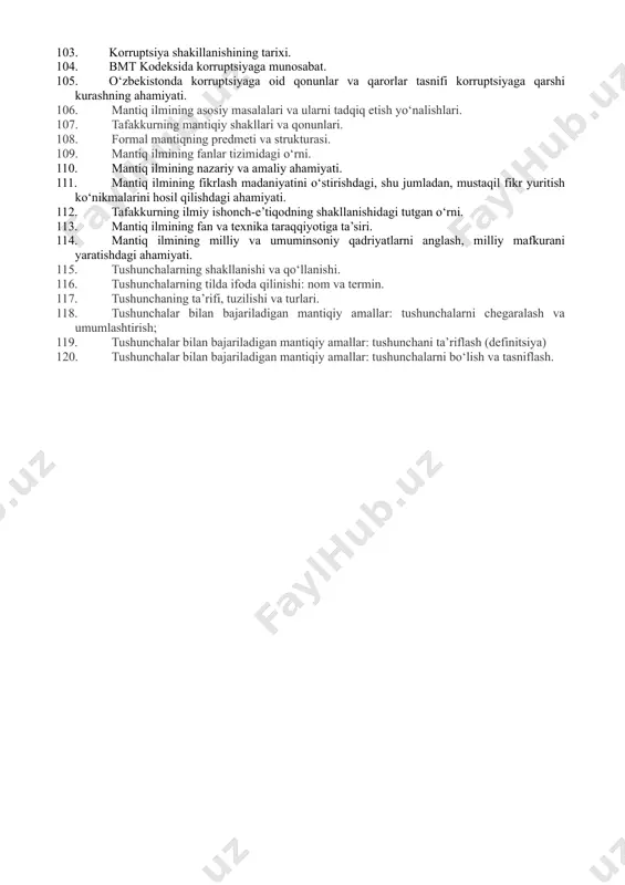 9. sivilizatsiya tushunchasining tahlili va turli yondashuvlar tasnifi. 80. sivilizatsiya rivojining asosiy bosqichlari. 81. “madaniyat” tushunchasi, uning mohiyati, strukturasi va funksiyalari. 82. sharq va g‘arb madaniyatlarining o‘zaro bir-biriga ta’siri. 83. jahon sivilizatsiyasi tarixida sharq madaniyatining o‘rni va uni o‘rganishning ahamiyati. 84. qadriyat tushunchasining tavsifi va mohiyati. 85. moddiy va ma’naviy qadriyatlarning o‘zaro aloqador. 86. ehtiyojlar va qadriyatlar mutanosibligi. 87. qadrlilik va qadrsizlanish, ularning ijtimoiy xarakteri. 88. sharq va g‘arb falsafasida inson muammosi. 89. falsafiy antropologiyaning paydo bo‘lishi va rivojlanishi, predmeti va vazifalari. 90. globallashuv - yangi falsafiy mavzu. 91. globallashuv xodisasi va globalistika. 92. global jarayonlarning shakllanish tarixi. 93. global muammolarning turli darajalari. 94. 2017-2021 yillardagi o‘zbekistonni yanada rivojlantirish bo‘yicha harakatlar strategiyasida global muammolarning tavsifi. 95. hozirgi davrning asosiy global muammolarining tasnifi. 96. global muammolarni hal qilishda falsafaning roli. 97. global muammolarni hal qilishda xususiy va umumiy manfaatlar uyg‘unligi. 98. global muammolarni hal qilishda xalqaro kuchlar birlashuvi; umumiy va xususiy …