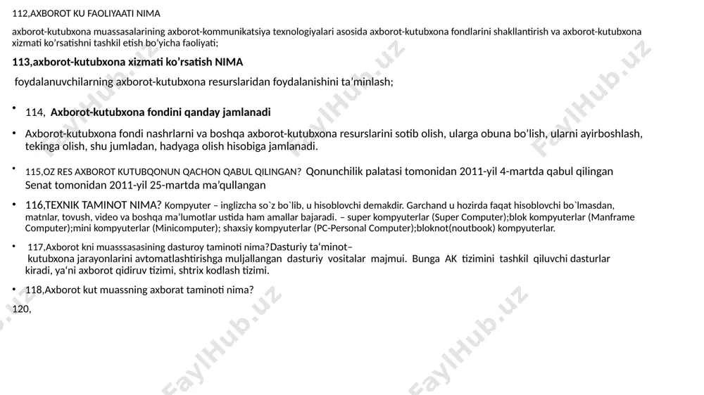 s axborot kutubqonun qachon qabul qilingan? qonunchilik palatasi tomonidan 2011-yil 4-martda qabul qilingan senat tomonidan 2011-yil 25-martda ma’qullangan 116,texnik taminot nima? kompyuter – inglizcha so`z bo`lib, u hisoblovchi demakdir. garchand u hozirda faqat hisoblovchi bo`lmasdan, matnlar, tovush, video va boshqa ma’lumotlar ustida ham amallar bajaradi. – super kompyuterlar (super computer);blok kompyuterlar (manframe computer);mini kompyuterlar (minicomputer); shaxsiy kompyuterlar (pc-personal computer);bloknot(noutbook) kompyuterlar. 117,axborot kni muasssasasining dasturoy taminoti nima?dasturiy ta‘minot– kutubxona jarayonlarini avtomatlashtirishga muljallangan dasturiy vositalar majmui. bunga ak tizimini tashkil qiluvchi dasturlar kiradi, ya‘ni axborot qidiruv tizimi, shtrix kodlash tizimi. 118,axborot kut muassning axborat taminoti nima? 120, 74,xesh funkisiyalari va eri algaritimlari. xesh funksiyalar – ixtiyoriy uzunlikdagi kirish ma’lumotini chiqishda belgilangan uzunlikdagi xesh qiymatga aylantirib beruvchi bir tomonlama funksiyalarga aytiladi. xesh funksiyalar kriptografiya va zamonaviy har qanday yozma xat yoki hujjatning oxirida shu hujjatni tuzuvchisi yoki tuzish uchun javobgar bo‘lgan shaxsning imzosi bo‘lishi tabiiy holdir. bunday holat odatda quyidagi ikkita maqsaddan kelib …