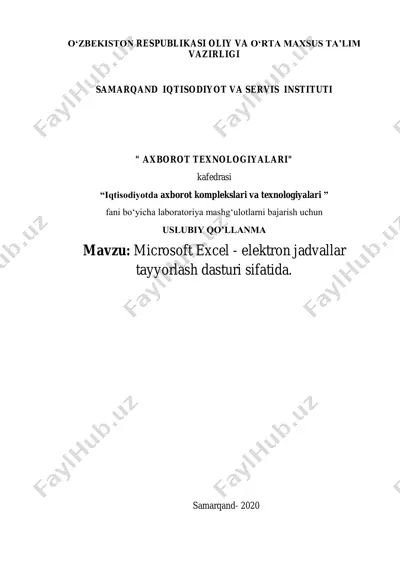 uslubiy qo'llanma "microsoft excel - elektron jadvallar tayyorlash dasturi" — PDF