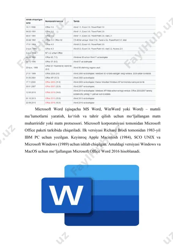 moʻljallangan word dasturi ibm pc ning tahrir vaqtida yarim qora yoki yotiq matn kabi matn belgilarini koʻrsatib bera oluvchi matn protsessori edi. biroq u hali ham toʻliq wysiwyg-muharrir edi. wordstar va wordperfect kabi matn muharrirlari oddiy matn ekranini belgi kodlari bilan ishlatishar edi, baʼzan matn rangli ham boʻlardi. ammo koʻp holda dos dasturiy taʼminotidagi dasturlarda har bir buyruq uchun shaxsiy qiyin kombinatsiyalar qoʻllanilishi (dos wordda hujjat saqlashda esc-t-s kombinatsiyasi ishlatilgan) va koʻp kotiblar faqat wordperfectni ishlata olishi shu dasturni ishlatuvchi kompaniyalar ozroq ustunlikka ega yangi dasturga juda sekinlik bilan oʻtishgan. 1989-yil windows uchun ishlab chiqilgan wordning ilk versiyasi $500 ga sotilgan. windows 3.0 ishlab chiqarilishidan soʻng savdo oʻsa boshladi va uning asosiy raqobatchisi wordperfect ustunlikni ushlay olmadi. keyingi versiyalarda matn muharriri doirasidan chetga chiqadigan imkoniyatlar qoʻshila boshladi. chizish asboblari hujjatga grafika qoʻshish kabi juda oddiy amalarni bajara olardi, lekin bu maxsus dasturlar kabi emasdi. obyektlarni qoʻshilishi, hujjat versiyalarini taqqoslash, koʻp …