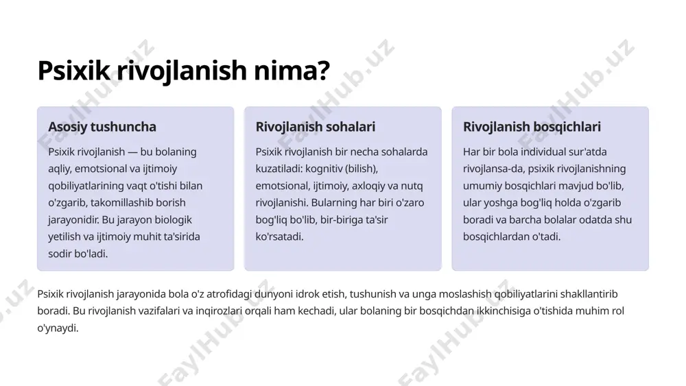 m-tarbiyasiga bog'liq holda o'zgarishi mumkin. 5 kognitiv rivojlanish xususiyatlari tasavvur va xotira bu davrda bolaning tasavvuri va xotirasi faol rivojlanadi. ular tasavvur orqali turli obrazlarni yaratadi va ko'proq ma'lumotni eslab qolish qobiliyatini namoyon etadi. qiziqish va bilish maktabgacha yoshda bolaning "nima uchun?" savollarni berish davri boshlanadi. ularda atrofdagi dunyoni o'rganishga bo'lgan tabiiy qiziqish kuchayadi. so'z boyligi 3 yoshda taxminan 900-1000 so'zni biladigan bola 6-7 yoshga kelib 3500-4000 so'zni o'zlashtirib oladi. nutqning grammatik jihatdan to'g'ri tuzilishi shakllanadi. fikrlash usullari bolalar asta-sekin mavhum tushunchalarni o'zlashtirib boradilar. ularda sabab-oqibat aloqalarini tushunish qobiliyati rivojlanadi, lekin fikrlash hali ham aniq-obrazli xususiyatga ega bo'ladi. kognitiv rivojlanish bolaning ta'lim olish jarayonidagi eng muhim jihatlardan biri hisoblanadi. bu davrda bolalarga berilayotgan ma'lumotlar ularning yosh xususiyatlariga mos kelishi va qiziqarli usulda taqdim etilishi muhimdir. 6 emotsional rivojlanish asosiy his-tuyg'ular shakllanishi maktabgacha yoshda bolalar quvonch, g'azab, qo'rquv, hayrat kabi asosiy his-tuyg'ularni to'liq his qila boshlaydilar. 4-5 yoshdan keyin esa uyat, …
