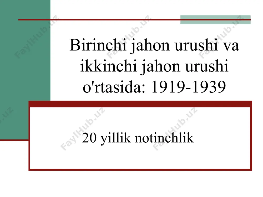 belgilab berildi va mustaqilligi tan olindi. u birinchi jahon urushidan keyin yuzaga kelgan hududiy o‘zgarishlar ga qonuniy tus bergan so‘nggi yirik shartnoma bo‘ldi. 1919 – 1923-yillari imzolangan shartnomalar va jahondagi kuchlarning yangi nisbati xalqaro munosabatlarning versal-vashington tizimi nomini oldi. versal-vashington tizimi bir guruh davlatlarning dunyoga hukmronligini o‘rnatdi. birinchi jahon urushidan so‘ng g‘arbning bir qator mamlakatlarida o‘ng radikal, ekstremistik harakatlar vujudga kelib, umumiy nom bilan fashizm deb ataldi. fashistik harakatning liderlari ijtimoiy safsatabozlikdan keng foydalandilar, kishilarning millatchilik hissiyotiga ta’sir o‘tkazishga harakat qildilar, o‘z millati uchun ijtimoiy adolatni, «yangi jamiyat»ning o‘zlariga ma’qul shaklini qurishni va’da qildilar. versal-vashington tizimining inqirozi va barbod bo‘lishi. versal-vashington tizimi omonat bo‘lib chiqdi. u ham g‘oliblar, ham mag‘lublar o‘rtasidagi o‘zaro ziddiyatlar tufayli yemirilib bordi. yaponiya uzoq sharqda o‘zining tajovuzkor rejalarini amalga oshirishga kirishdi. 1931 – 1932-yillari yaponiya manchjuriyani bosib oldi va manchjou-go qo‘g‘irchoq davlatini tuzdi. yaponiya xitoyga qarshi tajovuzni kuchaytirdi va 1937-yil iyulda keng miqyosdagi urush harakatlarini boshlab, …