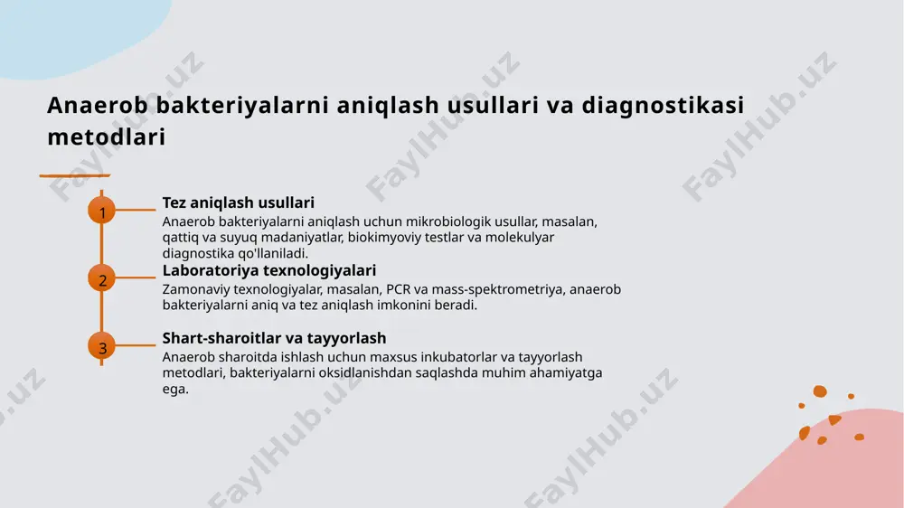 ng afzalliklari zamonaviy laborator texnologiyalari yuqori aniqlik va tezlik bilan zaxm suzak va xlamidozni aniqlash imkonini beradi. bu, shuningdek, davolashni samarali qilishga yordam beradi. 4 diagnostik imkoniyatlar molekulyar genetika va immunologik testlar yordamida aniqlik ortadi, shuningdek, infektsiyaning bosqichini va tarqalishini baholash uchun imkoniyatlar kengayadi. teri va tanosil kasalliklarida zaxm suzak va xlamidozning klinik belgilari va davolash yo'llari 1 zaxm suzak belgilari - zaxm suzakning asosiy klinik belgisi - og'riqli, qattiq va shishilgan limfa tugunlar, odatda teri yoki jinsiy a'zolarda paydo bo'ladi. 2 xlamidoz simptomlari - xlamidozning asosiy simptomlari - nojo'ya qusurlar, oqartirilgan oqindi, siyish paytida og'riq va jinsiy a'zolarda noqulaylik. 3 davolash usullari - bu kasalliklarni davolash uchun antibiotiklar, ayniqsa makrolidlar va tetratsiklinlar qo'llaniladi, davolash davomiyligi shifokor nazorati ostida bo'lishi kerak. 4 profilaktika choralari - profilaktika uchun shaxsiy gigiena, muntazam tekshiruvlar va jinsiy taranglikni cheklash muhim, shuningdek, ikkilamchi infektsiyalardan saqlanish zarur. xulosa 1 anaerob infeksiya va ularning xossalari anaerob bakteriyalar …