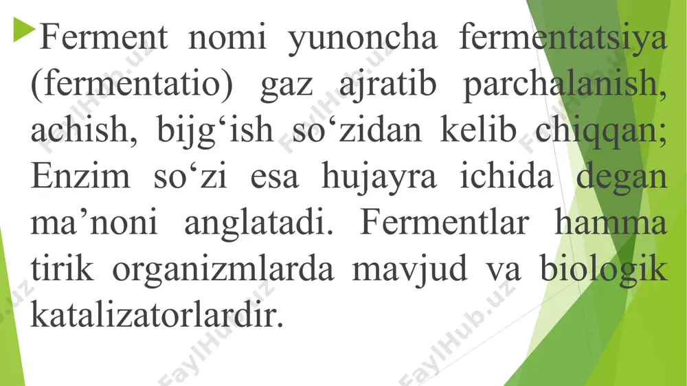 dagi usullardan foydalaniladi: ekstraksiya. buning uchun avval xujayra devori buzilishi kerak. hayvon to’qimalari uchun gomogenizatordan foydalanish qulay. gomogenizatorga to’qima tushirilib ustiga bir necha hajm atseton qo’shiladi. atseton -15-20 c gacha sovitilishi kerak. to’qima 1-2 minut davomida maydalanadi. cho’kma filtrlab olinadi. atseton uchirib yuboriladi. atseton ta’sirida xujayra devori buziladi, suvsizlanadi va lipidlarni ko’p qismi ketadi. atsetonli poroshoklar eksikatorda bir necha oy faolligini yo’qotmasdan shaklanishi mumkin. achitqilar orqali ekstraksiya qilish mumkin. ulardan fraksiyalash usullari yordamida tozalash mumkin. tozalash usullari bir necha xil bo’ladi. ularni ajratib olinadigan ferment tabiatiga ko’ra qo’llash mumkin. a) kislota bilan ishlash. bu usul ekstraktga idish devori orqali bufer yoki tomchilatib bufer tomizib kislota qo’shilish yo’li bilan sovuq sharoitda olib boriladi. nordonlashtirish, kerakli fermentni cho’ktirish yoki oqsillarini yo’qotish uchun ishlatiladi. b) termik ishlash. turli xildagi oqsillarni issiqlik ta’siridagi denaturatsiyasi o’zaro farq qilib aniq chegaralangan. termik, ya’ni eritmasini qizdirish suvli termostatda olib borilib to’xtovsiz aralashtirib turilgan xolda amalga oshiriladi. qizdirish …